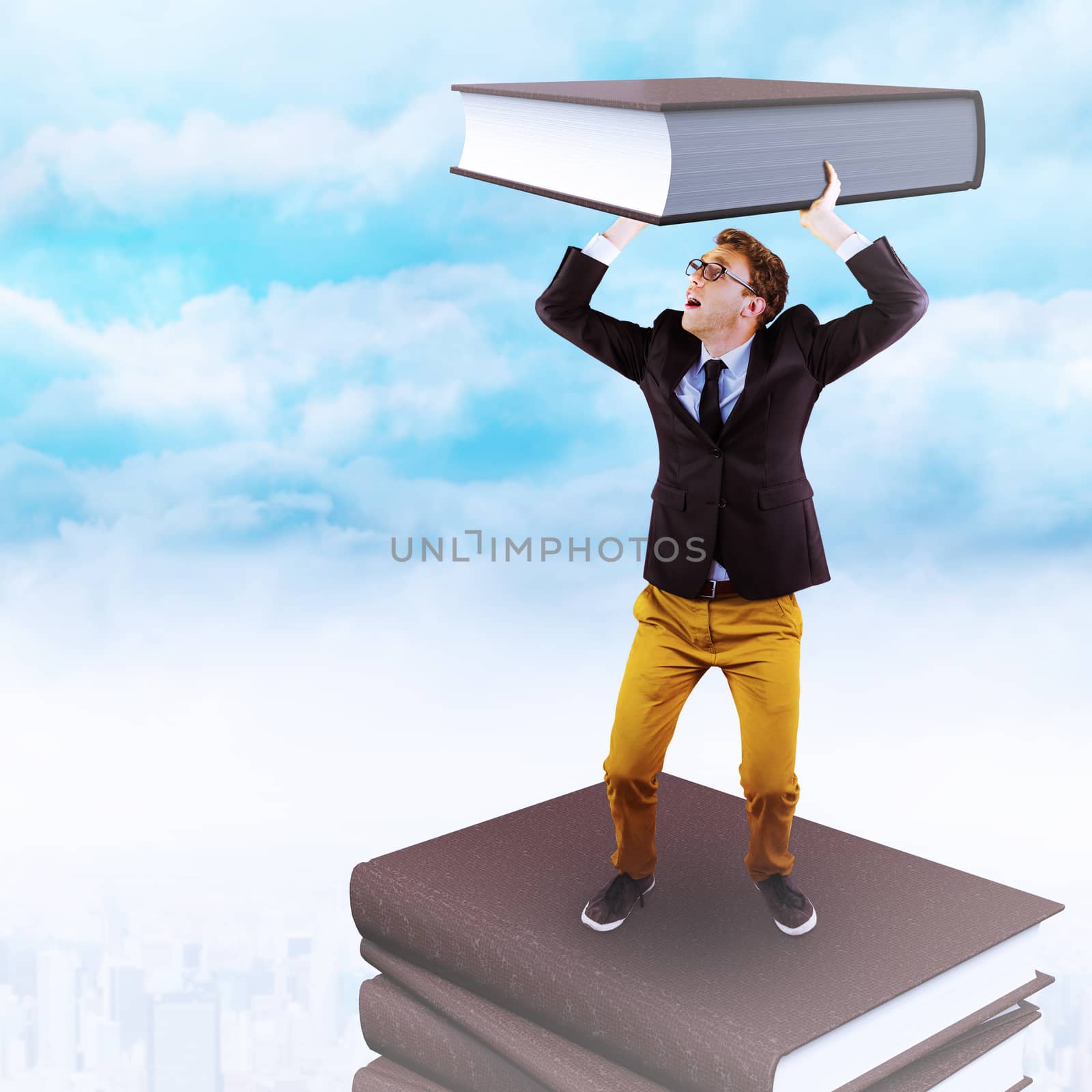 Businessman holding against clouds over city