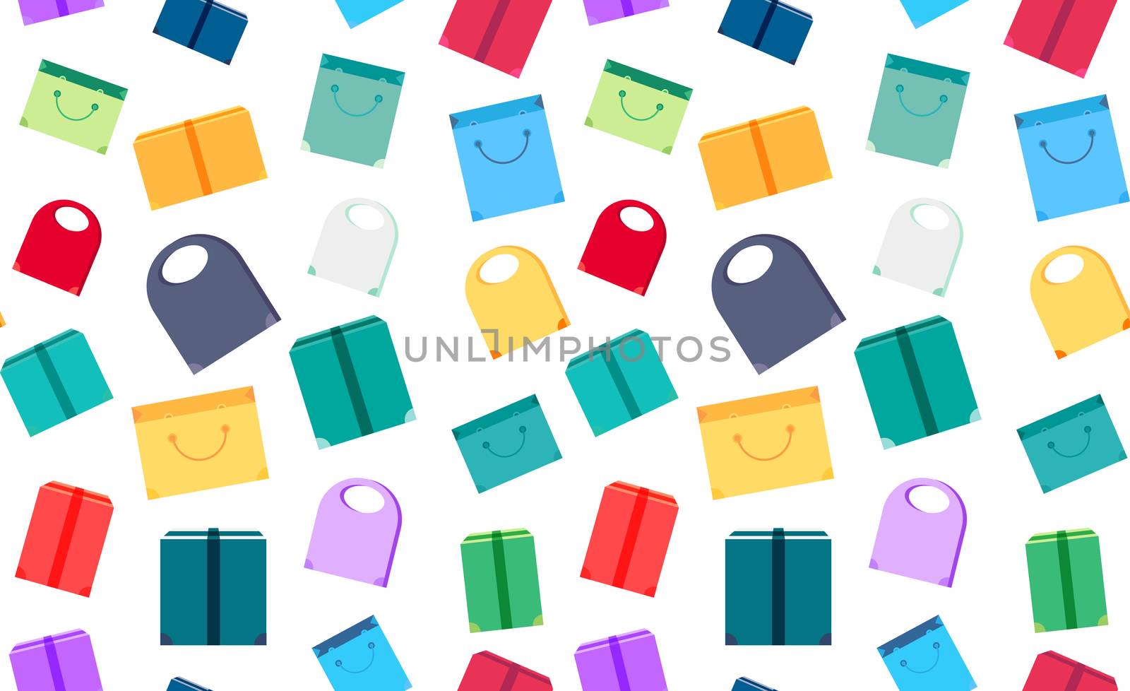 Shop Seamless Pattern from Shopping Bags, Boxes and Packages with products. Sale Banner. Shelves store with offer for print, wrap, flyer, sticker, poster. Vector