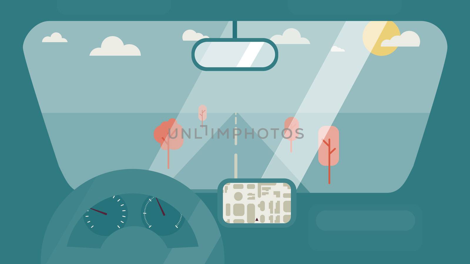 Inside car interior with wheel, speedometer, gps navigator. Vehicle background with view of road in window. Vector