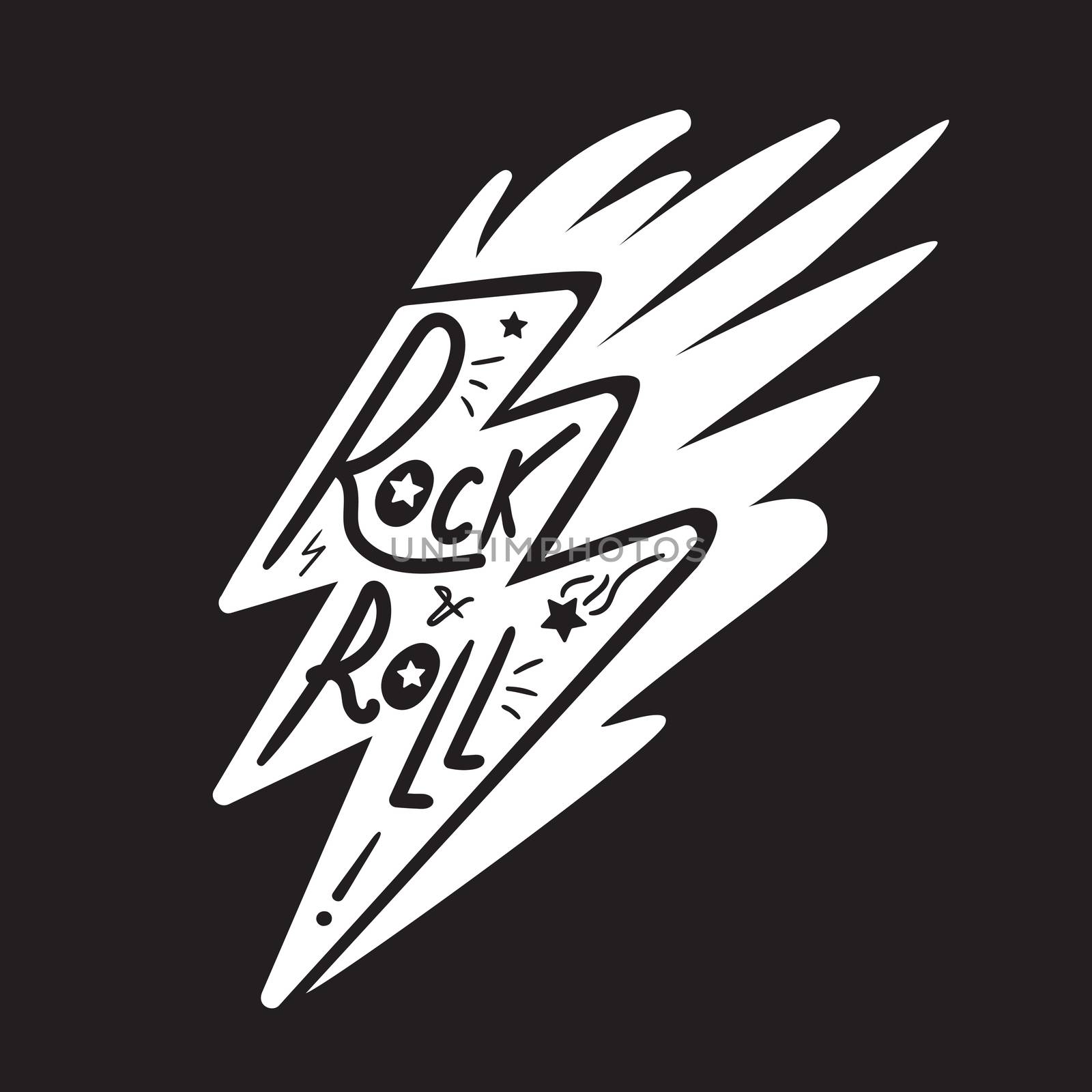 Rock and Roll Lettering for t-shirt, sticker, print, fabric, cloth. Vintage hand drawn monochrome music badge. Retro hipster sound emblem for card, concert flyer, fest, postcard, label, poster. Vector