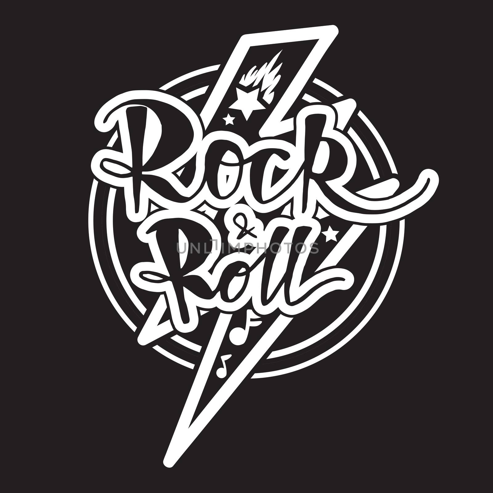 Rock and Roll Lettering for t-shirt, sticker, print, fabric, cloth. Vintage hand drawn monochrome music badge. Retro hipster sound emblem for card, concert flyer, fest, postcard, label, poster. Vector