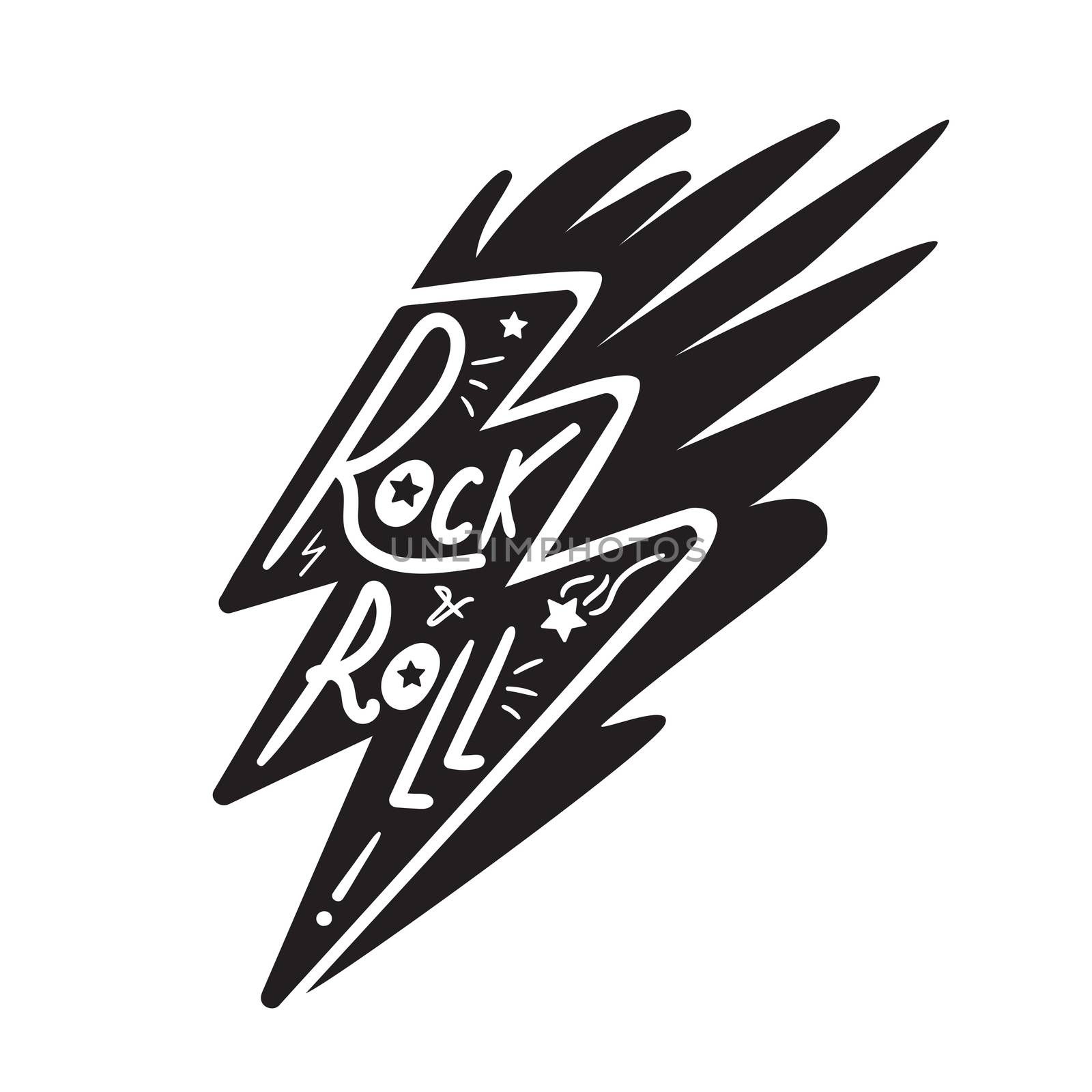 Rock and Roll Lettering for t-shirt, sticker, print, fabric, cloth. Vintage hand drawn monochrome music badge. Retro hipster sound emblem for card, concert flyer, fest, postcard, label, poster. Vector