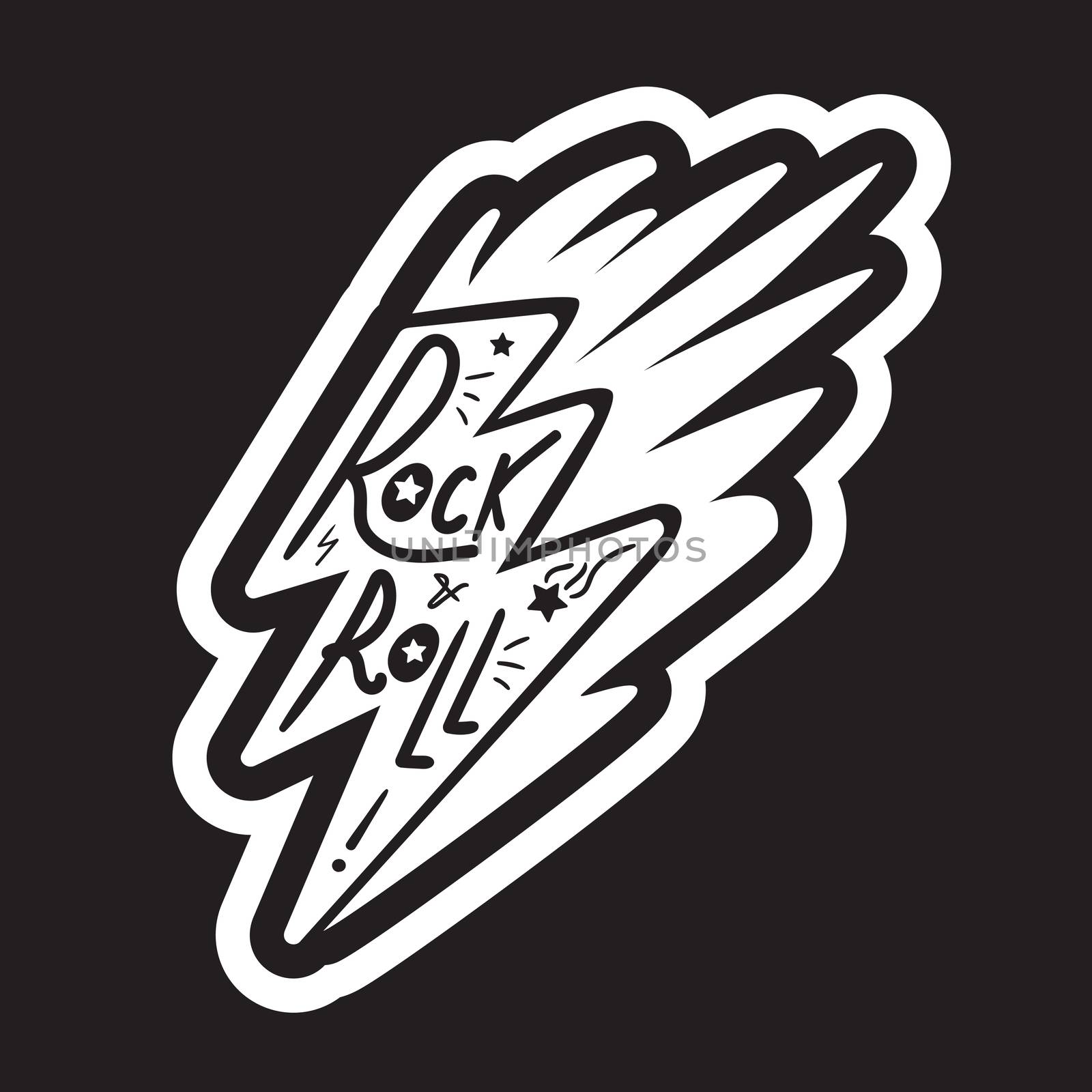 Rock and Roll Lettering for t-shirt, sticker, print, fabric, cloth. Vintage hand drawn monochrome music badge. Retro hipster sound emblem for card, concert flyer, fest, postcard, label, poster. Vector