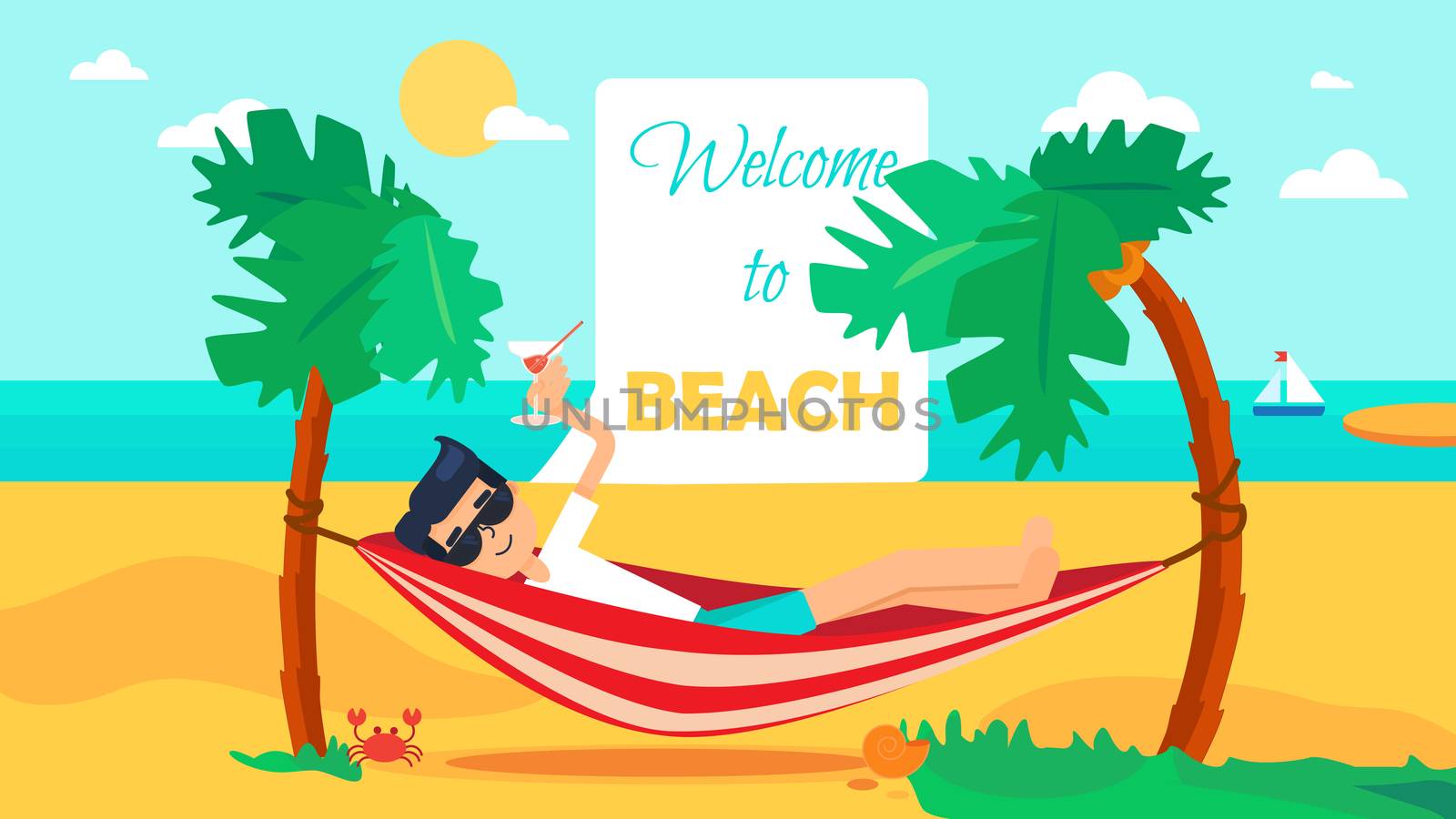 Hello Summer Concept with tourist drinking cocktail in hammock on palm beach. Vacation and travel tropical poster with sun and exotic island. Vector