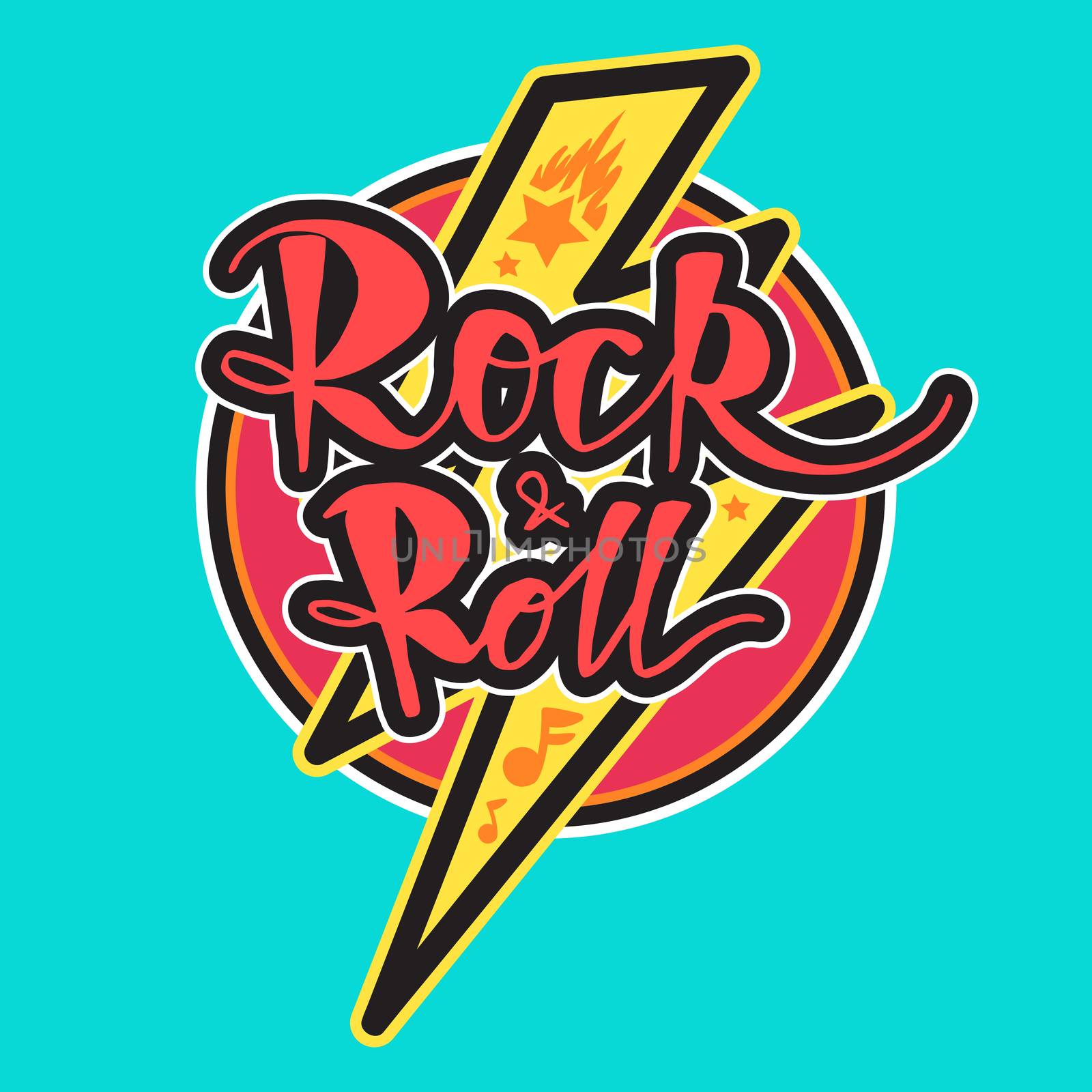 Rock and Roll Lettering for t-shirt, sticker, print, fabric, cloth. Vintage hand drawn music badge. Retro hipster musical sound emblem for card, concert flyer, fest, postcard, label, poster. Vector