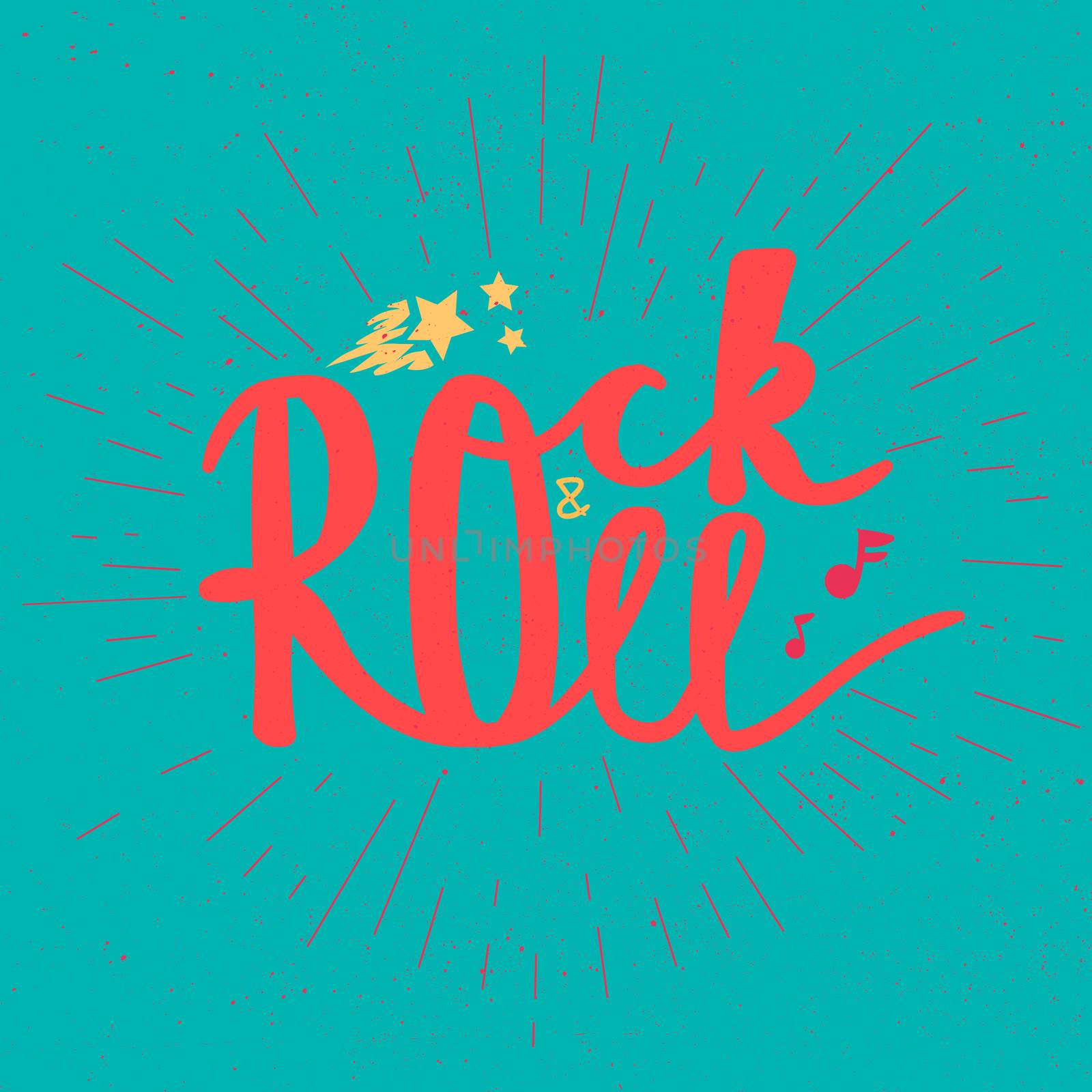Rock and Roll Lettering for t-shirt, sticker, print, fabric, cloth. Vintage hand drawn music badge. Retro hipster musical sound emblem for card, concert flyer, fest, postcard, label, poster. Vector