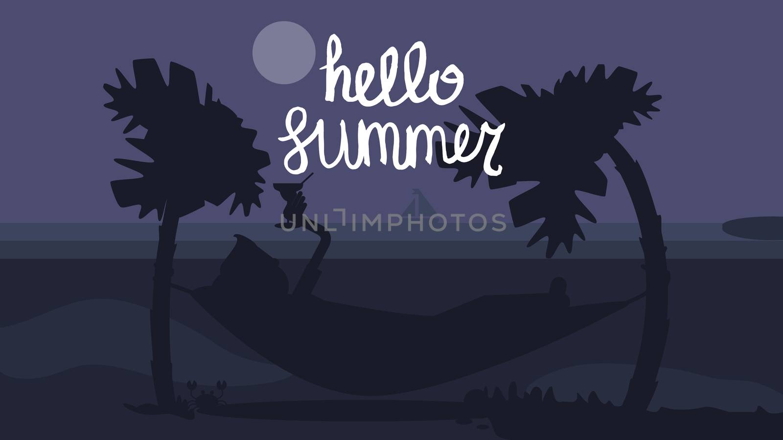 Hello Summer Concept with tourist drinking cocktail in hammock on palm beach. Vacation and travel tropical poster with sun and exotic island. Sunset. Vector