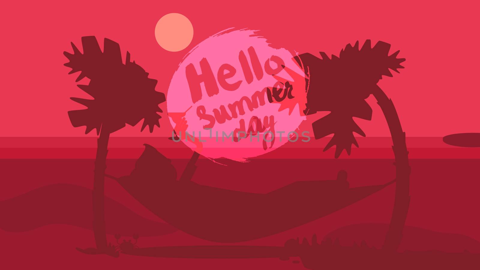 Hello Summer Lettering by brush. Typographic vacation and travel watercolor tropical poster with sunset bright background and palm exotic island. Sunset. Vector