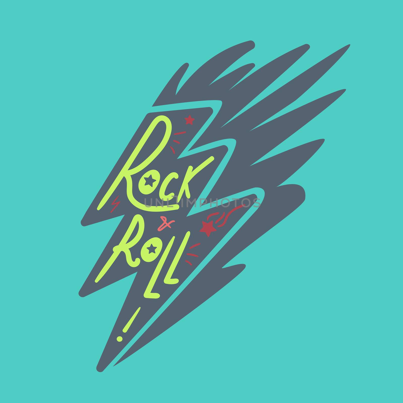 Rock and Roll Lettering for t-shirt, sticker, print, fabric, cloth. Vintage hand drawn music badge. Retro hipster musical sound emblem for card, concert flyer, fest, postcard, label, poster. Vector