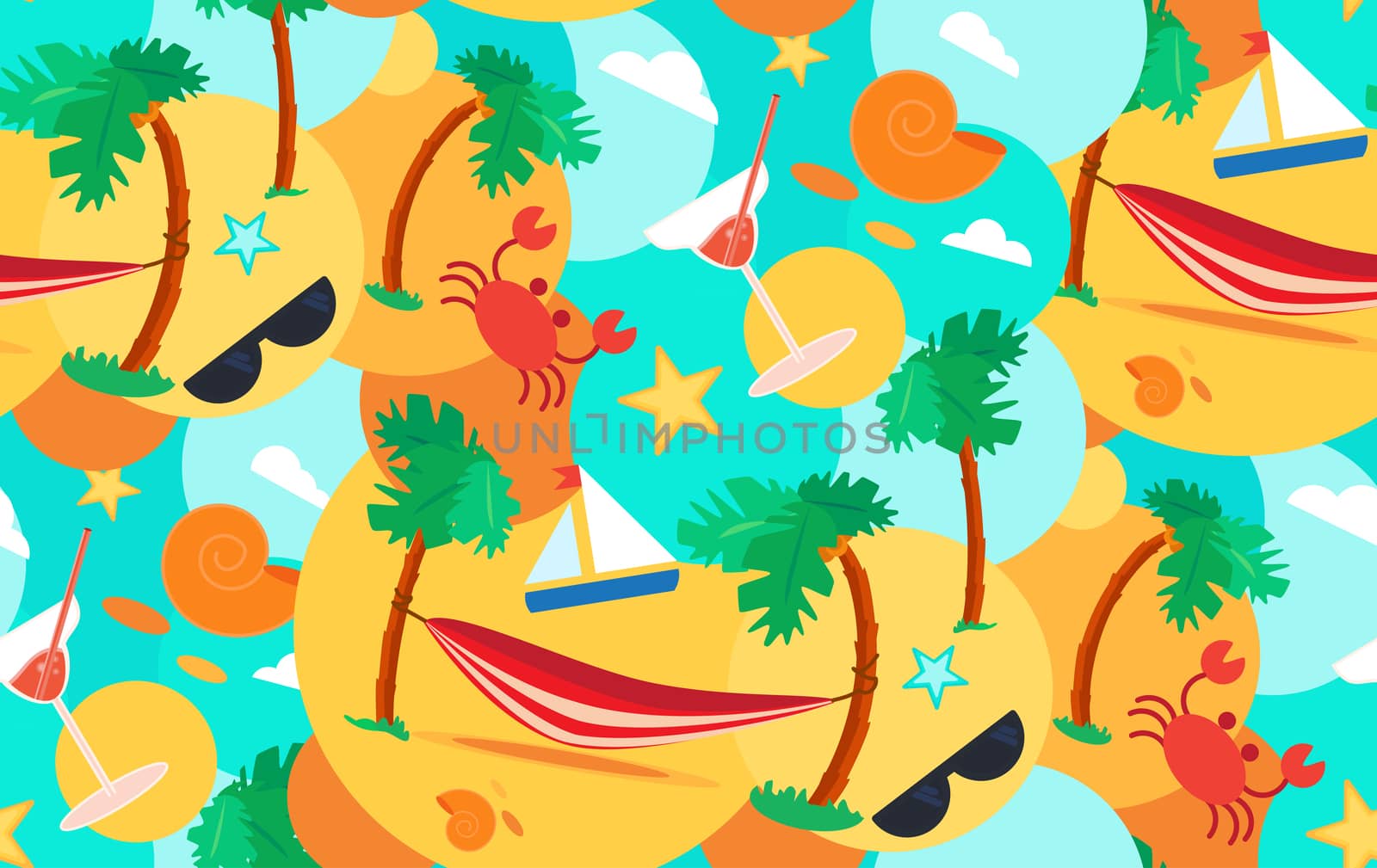 Hello Summer Seamless Pattern with hammock, crab, stars and cocktail on palm beach. Vacation and travel exotic tropical ornament for print, clothes, t-shirt, fabric, wrap, wallpaper. Vector