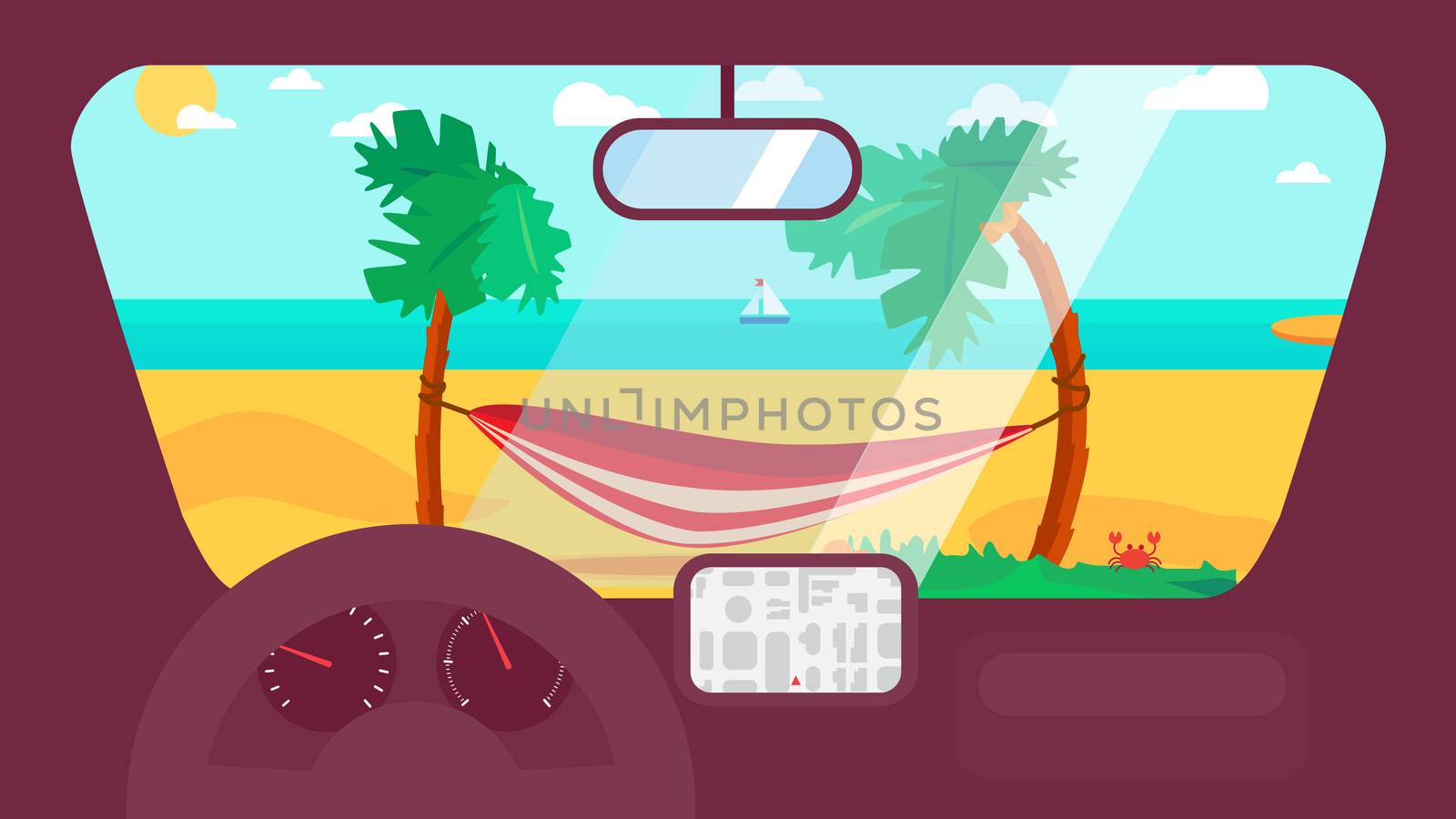 Hello Summer Concept with hammock on palm beach from inside car interior with wheel, speedometer, gps navigator. Vacation travel tropical poster with sun exotic island. Vector