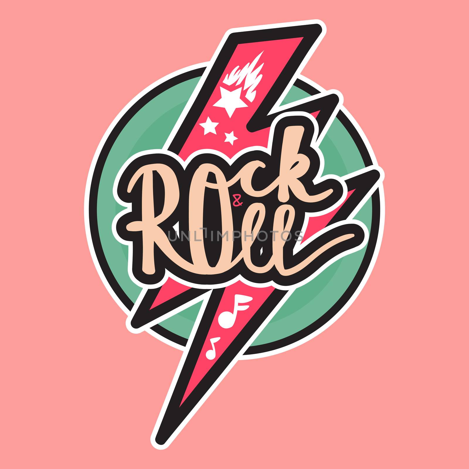 Rock and Roll Lettering for t-shirt, sticker, print, fabric, cloth. Vintage hand drawn music badge. Retro hipster musical sound emblem for card, concert flyer, fest, postcard, label, poster. Vector