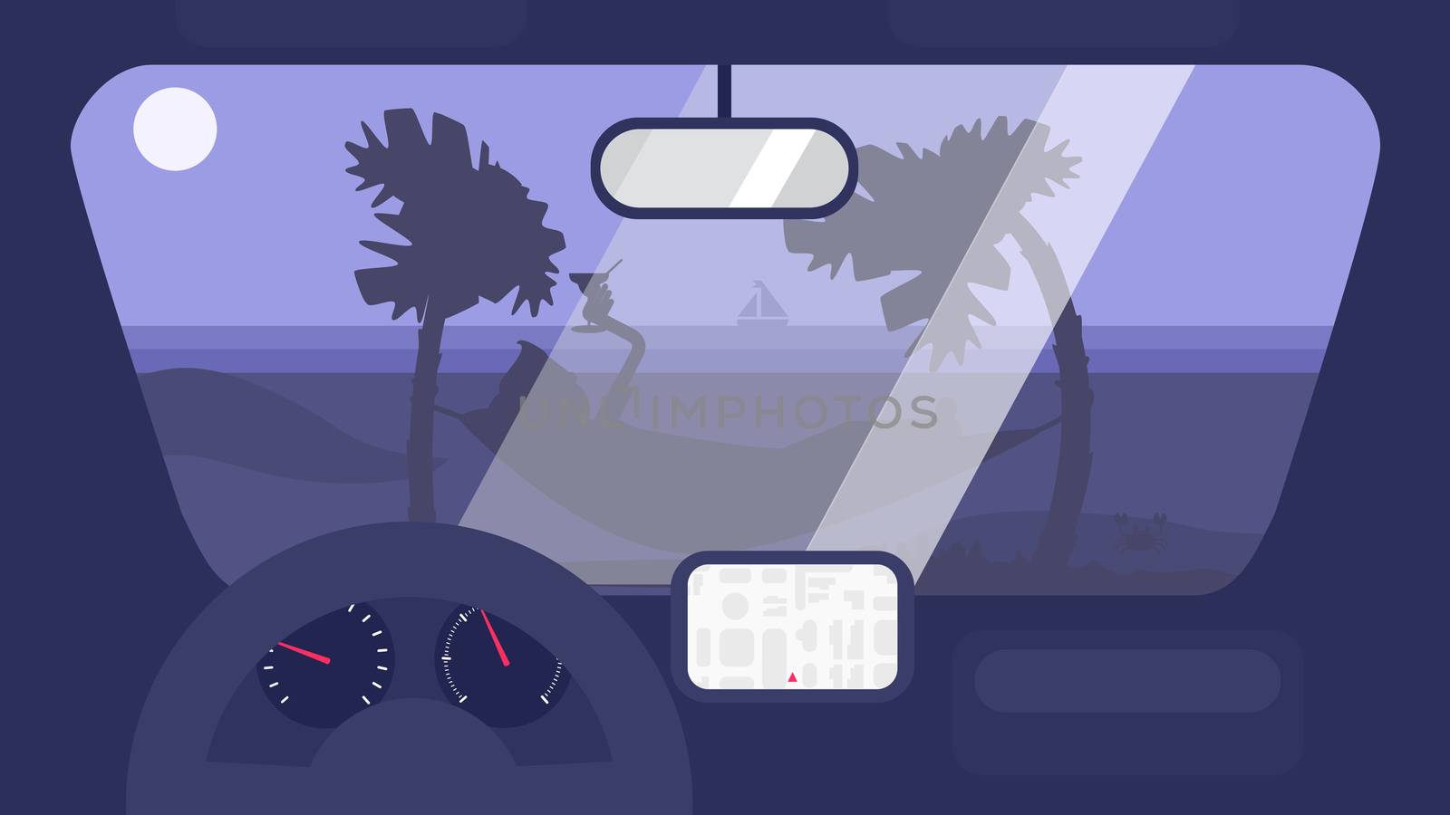 Hello Summer Concept on palm beach from inside car interior with wheel, speedometer, gps navigator. Vacation travel tropical poster with sun exotic island. Vector