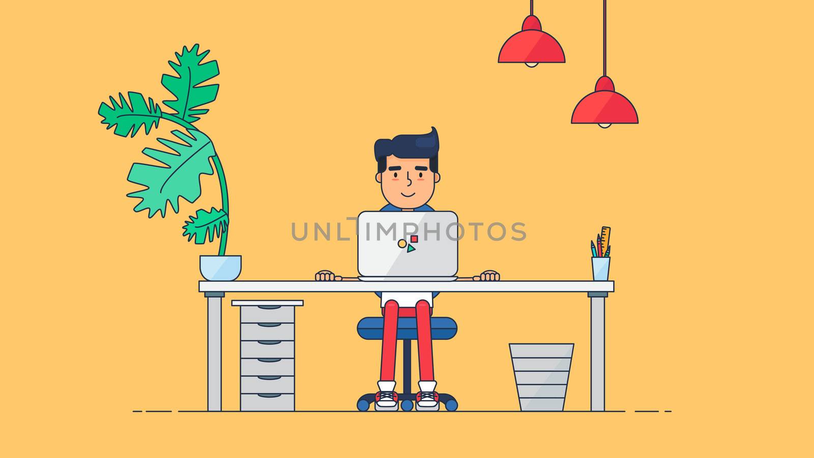 Workspace of Professional Working Developer, Programmer, System Administrator or Designer with desk, chair, notebook Business project or startup concept. Employee office workplace. Vector