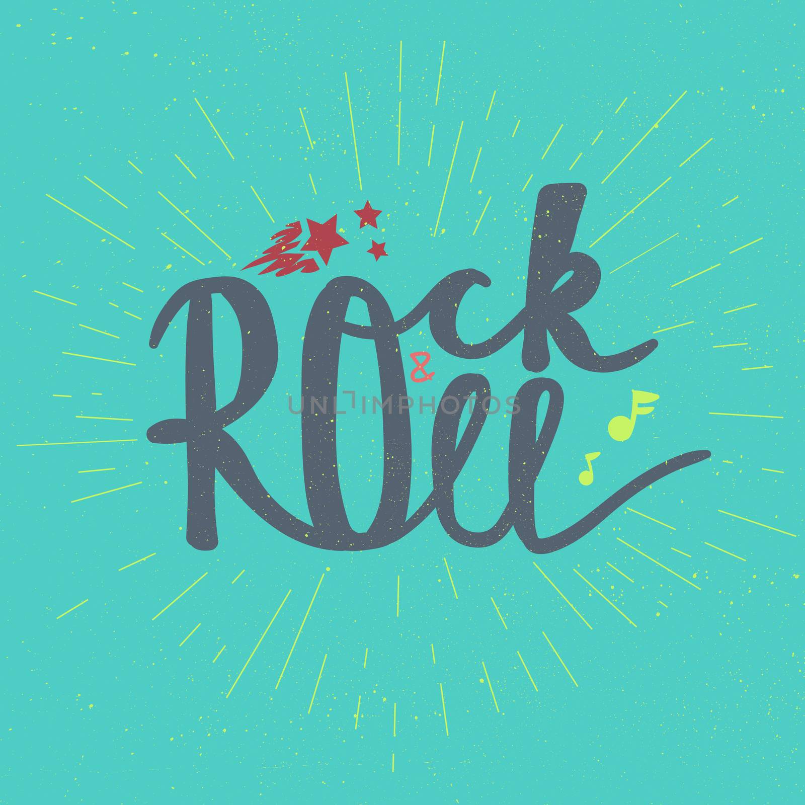 Rock and Roll Lettering for t-shirt, sticker, print, fabric, cloth. Vintage hand drawn music badge. Retro hipster musical sound emblem for card, concert flyer, fest, postcard, label, poster. Vector