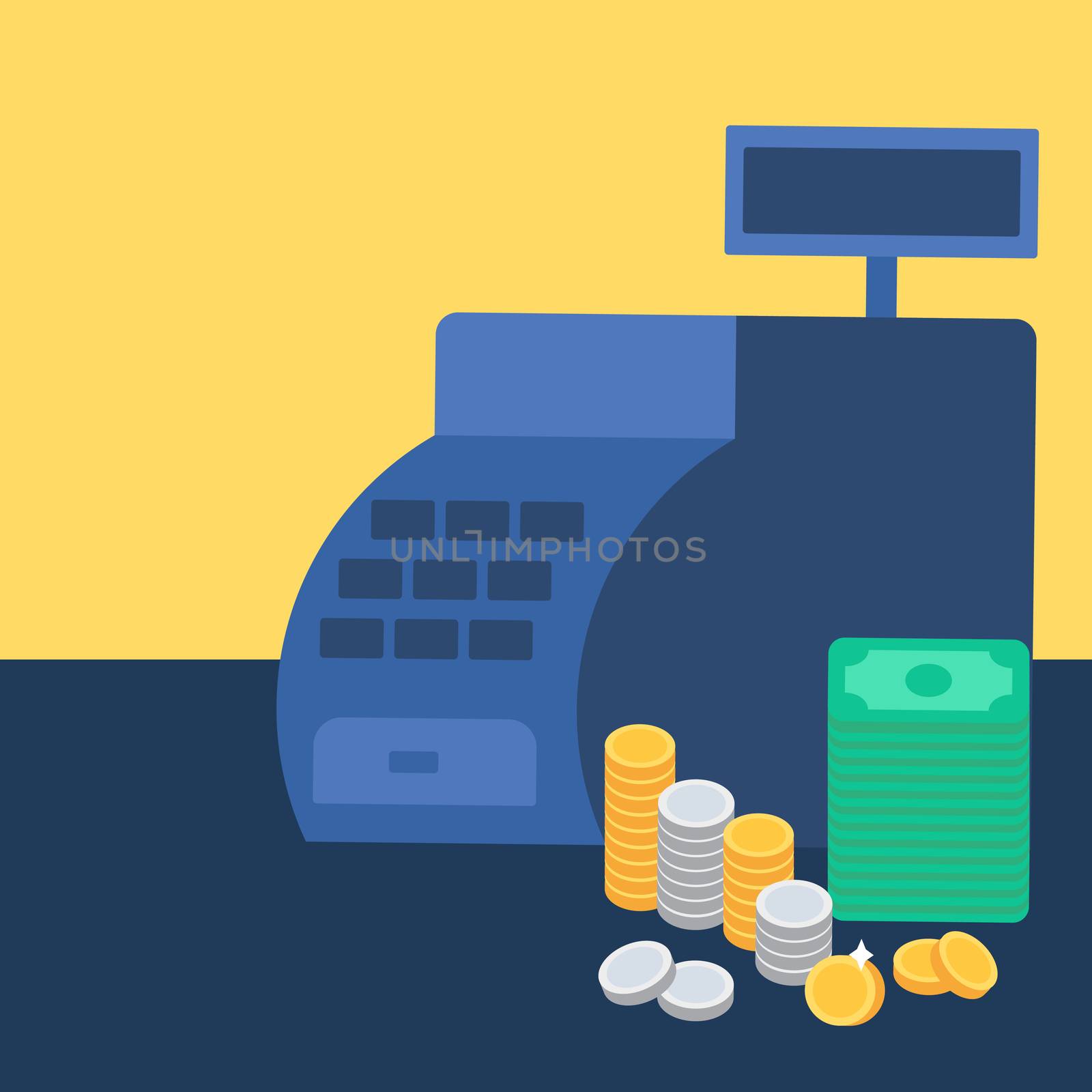 Cash register with money and coins. Commerce concept. Store symbol. Vector