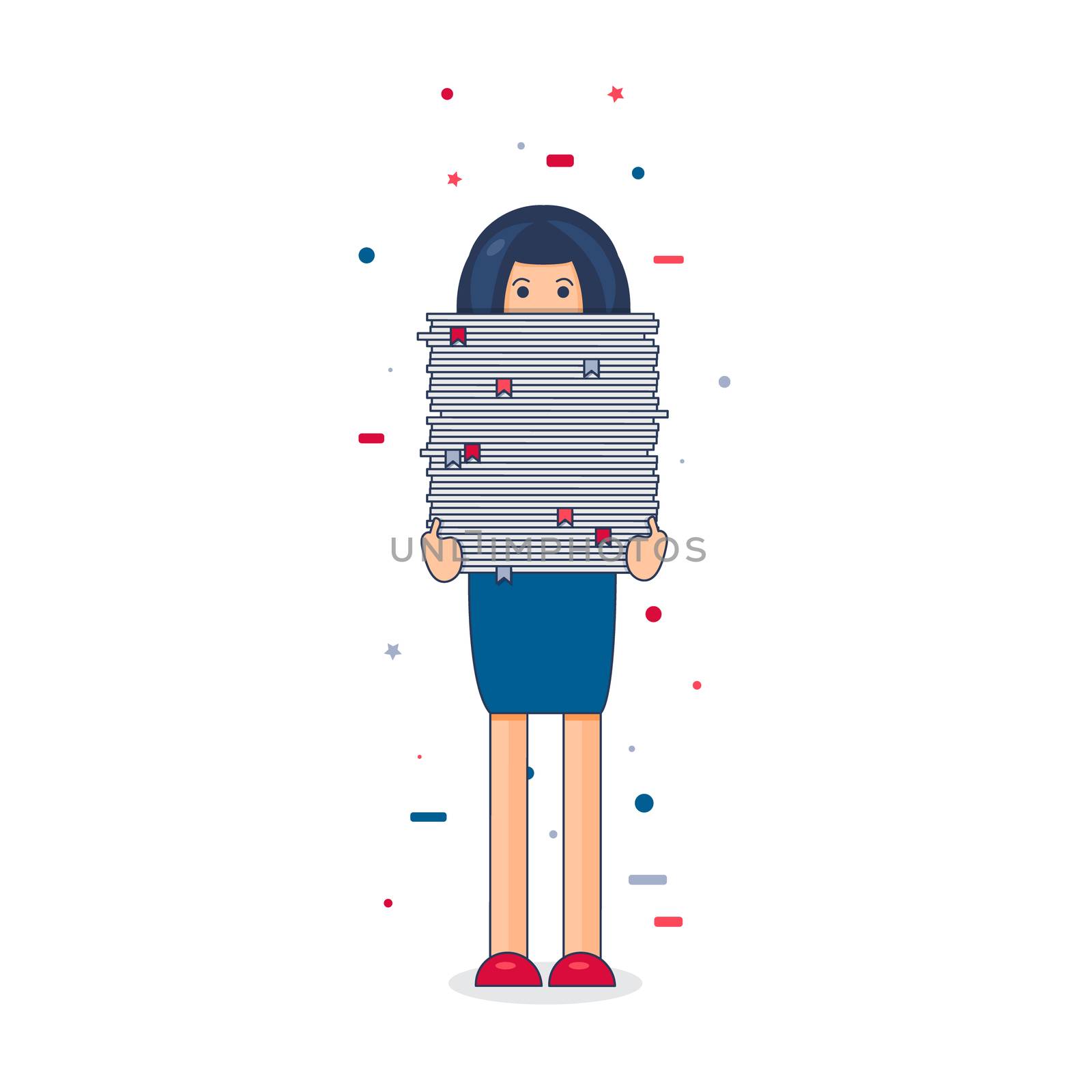 Office worker with big stack of paper. She has a lot of work. All hands' job illustration. Vector