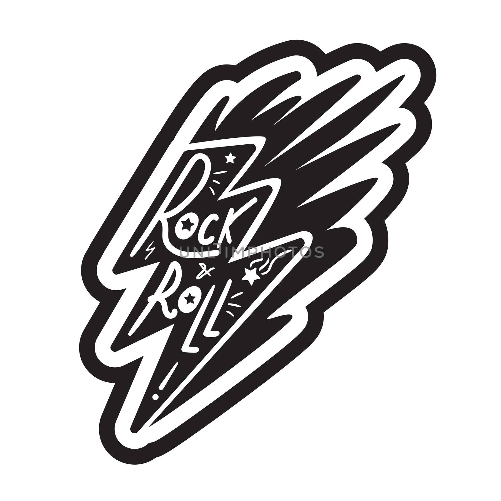 Rock and Roll Lettering for t-shirt, sticker, print, fabric, cloth. Vintage hand drawn monochrome music badge. Retro hipster sound emblem for card, concert flyer, fest, postcard, label, poster. Vector