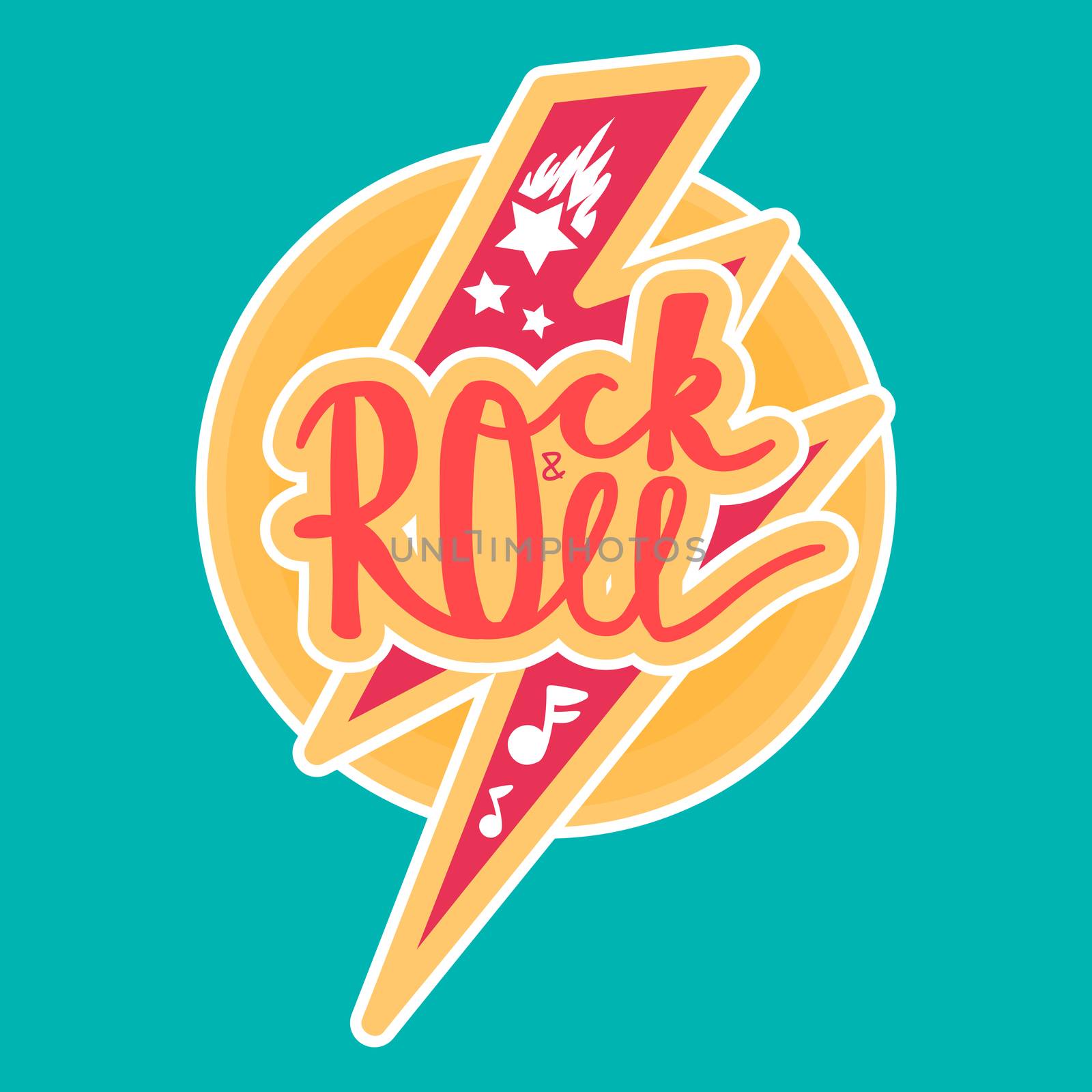 Rock and Roll Lettering for t-shirt, sticker, print, fabric, cloth. Vintage hand drawn music badge. Retro hipster musical sound emblem for card, concert flyer, fest, postcard, label, poster. Vector