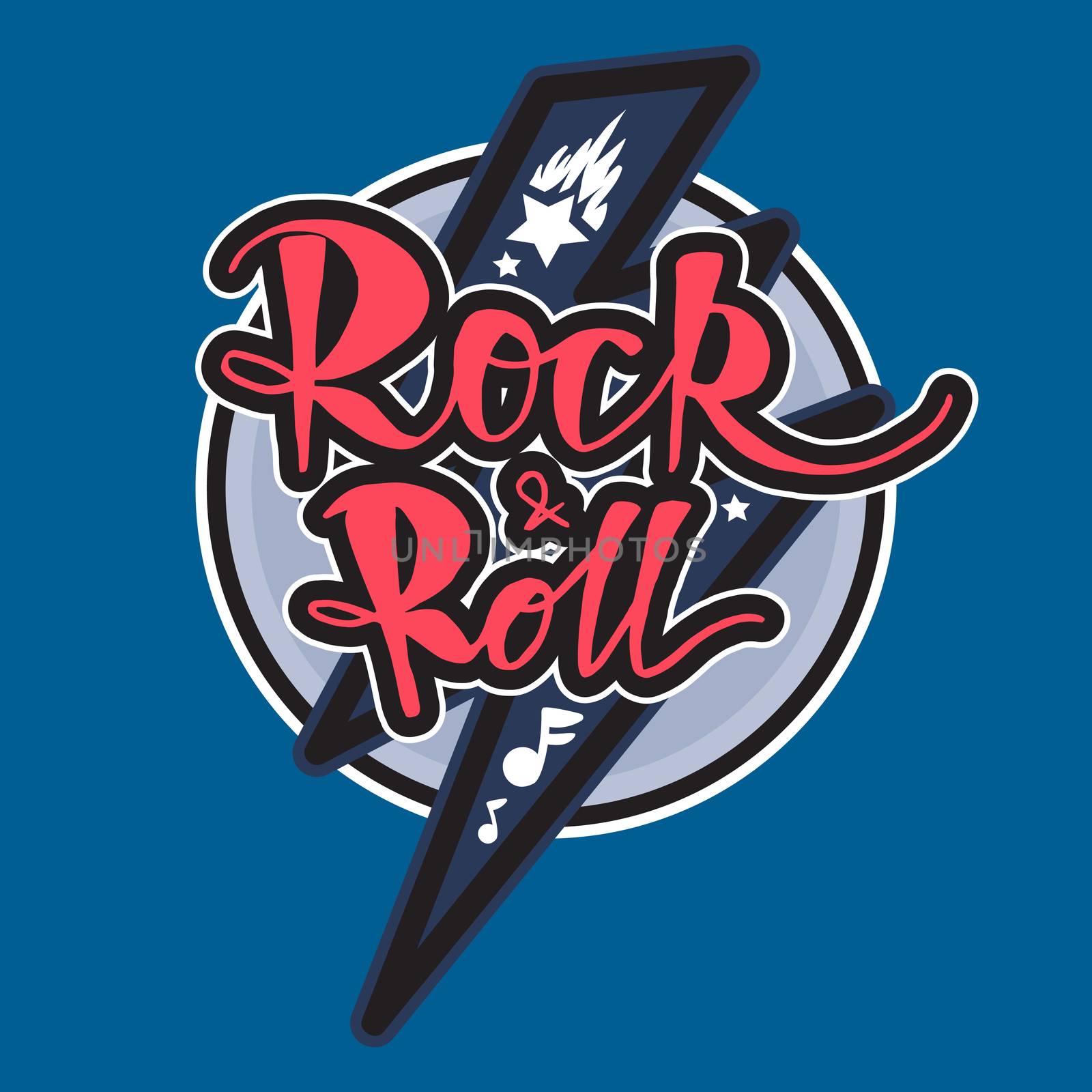 Rock and Roll Lettering for t-shirt, sticker, print, fabric, cloth. Vintage hand drawn music badge. Retro hipster musical sound emblem for card, concert flyer, fest, postcard, label, poster. Vector