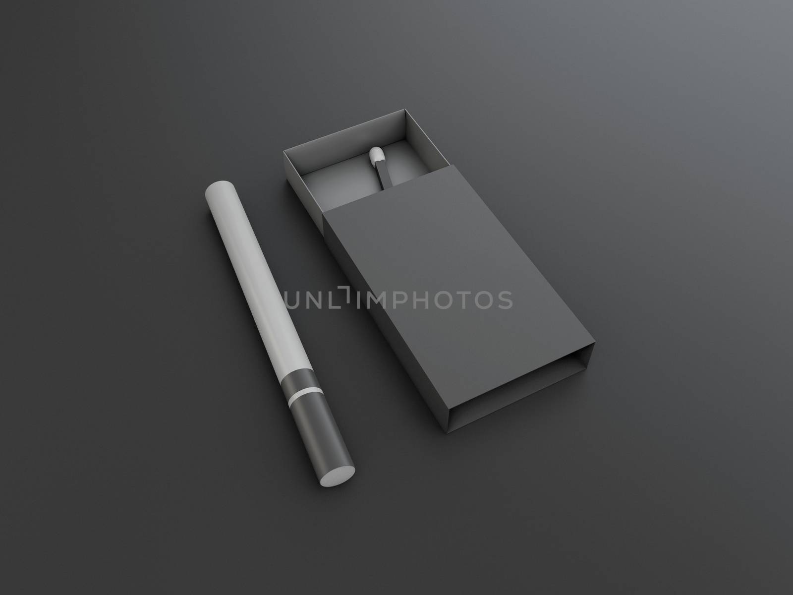 3d Rendering of cigarettes and matches on black background