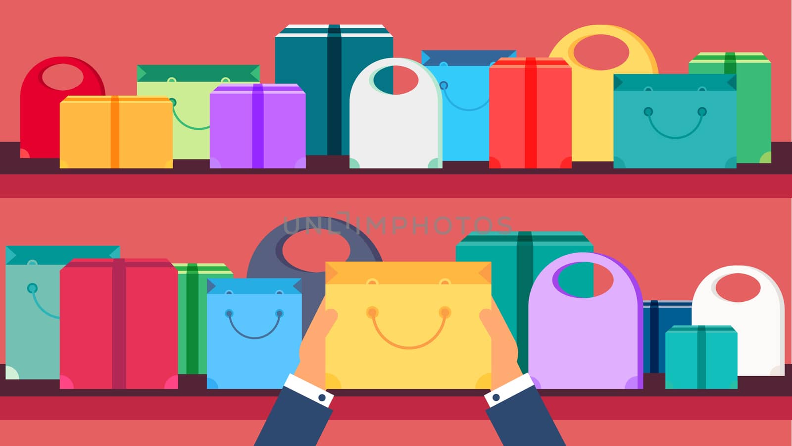 Shop Concept from Shopping Bags, Boxes and Packages with products. Sale Banner. Shelves store with offer for print, flyer, sticker, poster. Vector