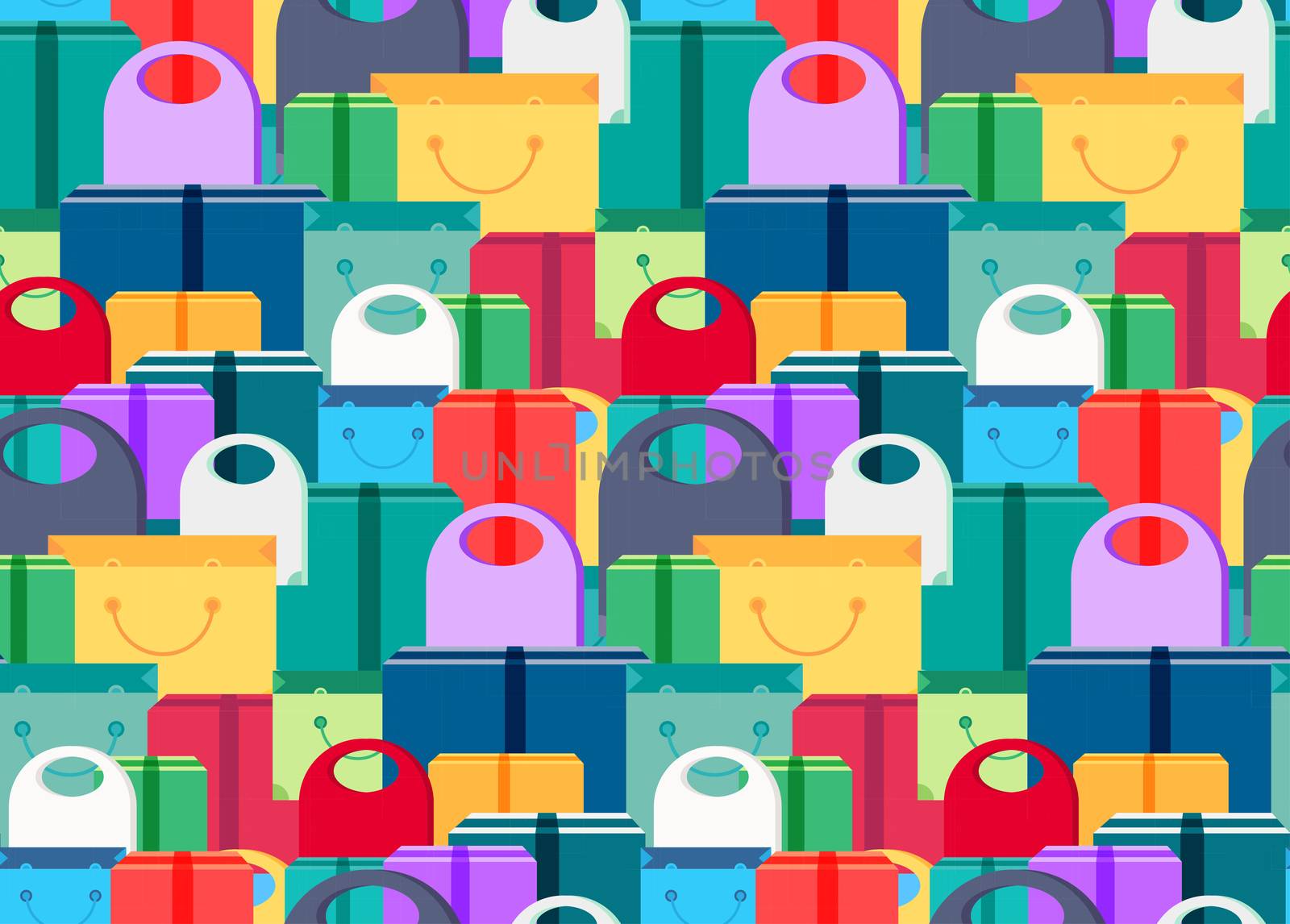 Shop Seamless Pattern from Shopping Bags, Boxes and Packages with products. Sale Banner. Shelves store with offer for print, wrap, flyer, sticker, poster. Vector
