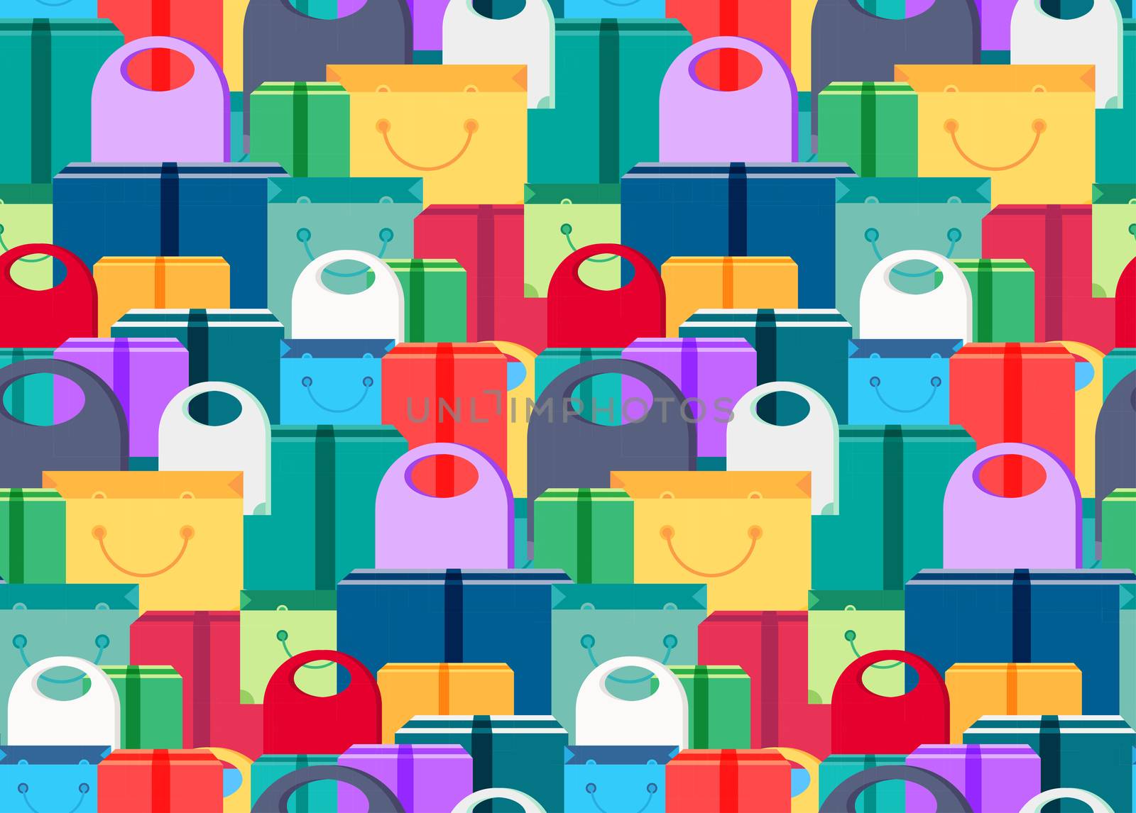 Shop Seamless Pattern from Shopping Bags, Boxes and Packages with products. Sale Banner. Shelves store with offer for print, wrap, flyer, sticker, poster. Vector