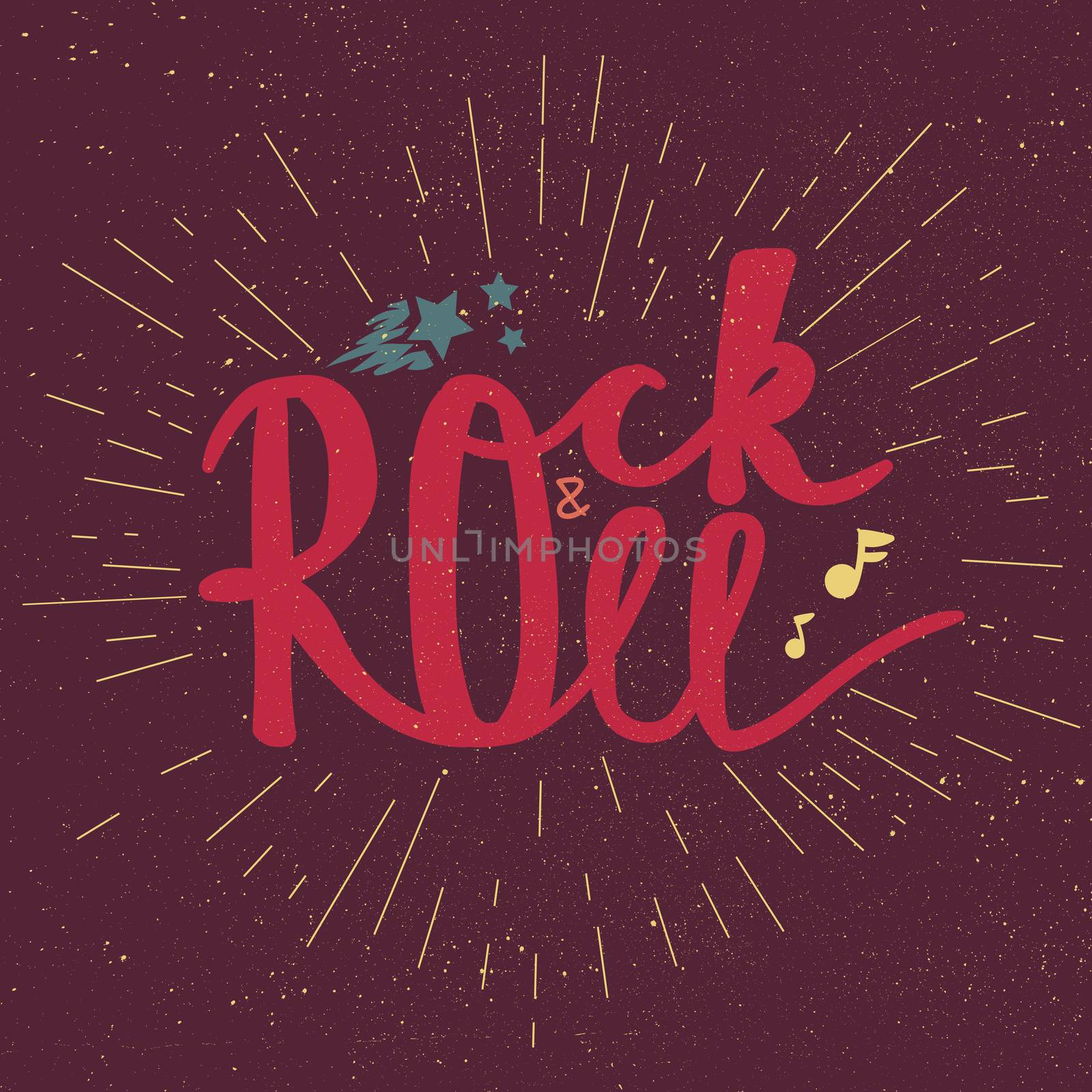 Rock and Roll Lettering for t-shirt, sticker, print, fabric, cloth. Vintage hand drawn music badge. Retro hipster musical sound emblem for card, concert flyer, fest, postcard, label, poster. Vector