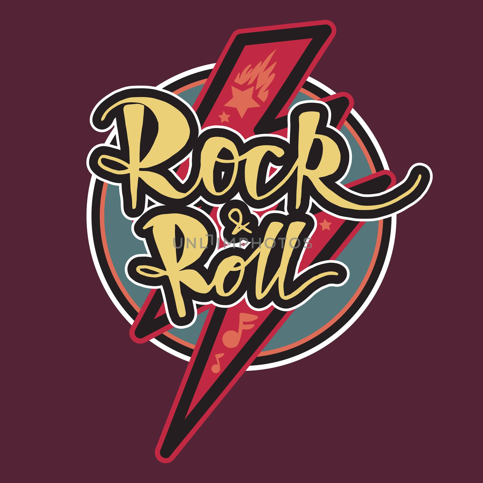 Rock and Roll Lettering for t-shirt, sticker, print, fabric, cloth. Vintage hand drawn music badge. Retro hipster musical sound emblem for card, concert flyer, fest, postcard, label, poster. Vector