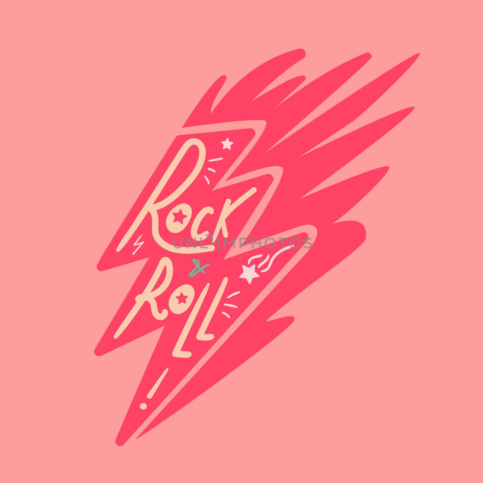 Rock and Roll Lettering for t-shirt, sticker, print, fabric, cloth. Vintage hand drawn music badge. Retro hipster musical sound emblem for card, concert flyer, fest, postcard, label, poster. Vector