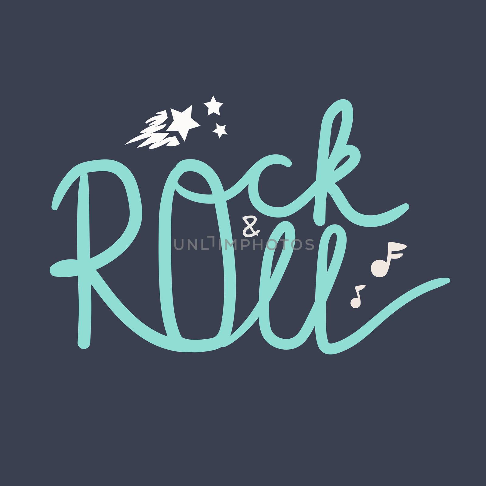 Rock and Roll Lettering for t-shirt, sticker, print, fabric, cloth. Vintage hand drawn music badge. Retro hipster musical sound emblem for card, concert flyer, fest, postcard, label, poster. Vector
