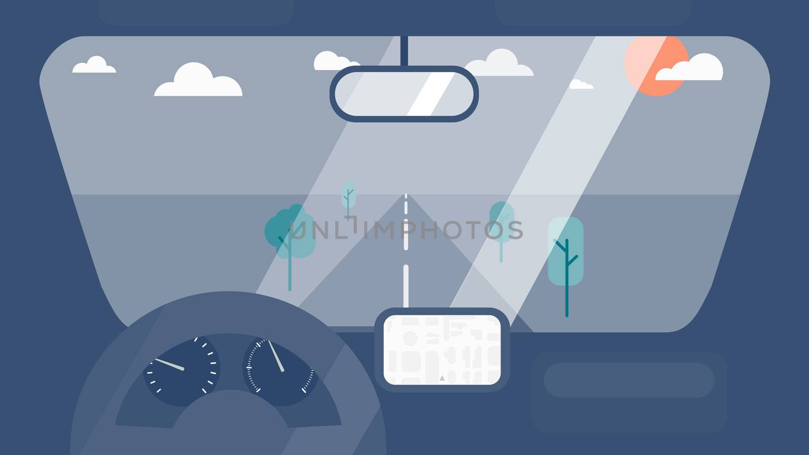 Inside car interior with wheel, speedometer, gps navigator. Vehicle background with view of road in window. Vector