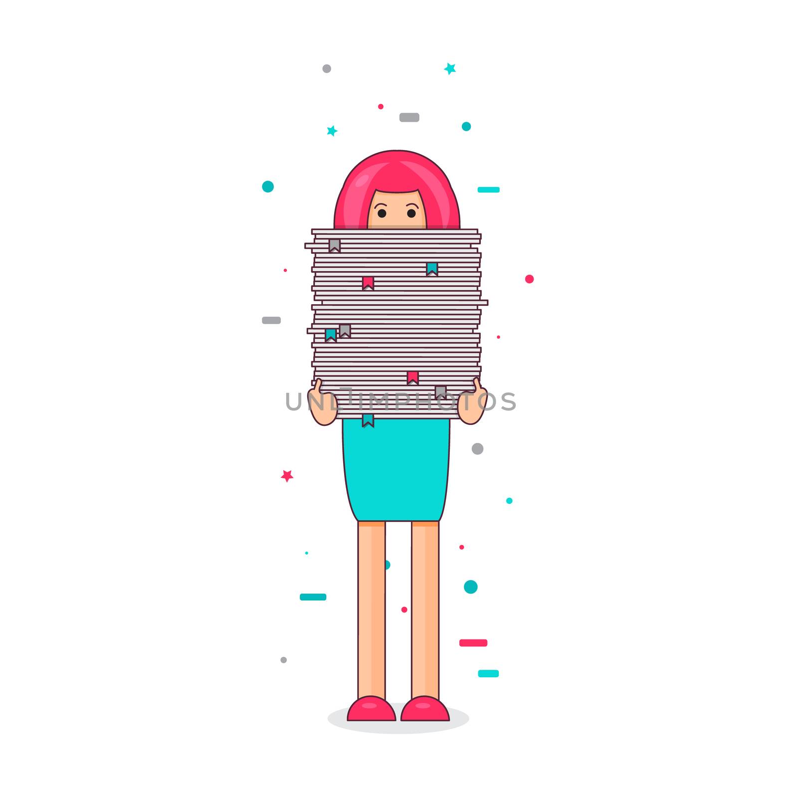 Office worker with big stack of paper. She has a lot of work. All hands' job illustration. Vector