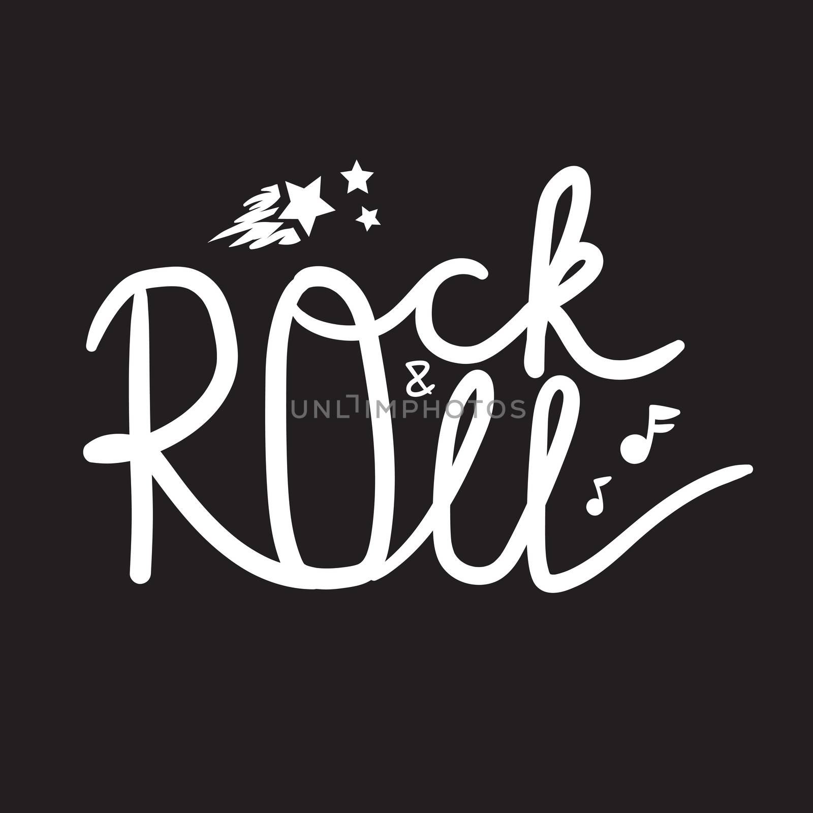 Rock and Roll Lettering for t-shirt, sticker, print, fabric, cloth. Vintage hand drawn monochrome music badge. Retro hipster sound emblem for card, concert flyer, fest, postcard, label, poster. Vector