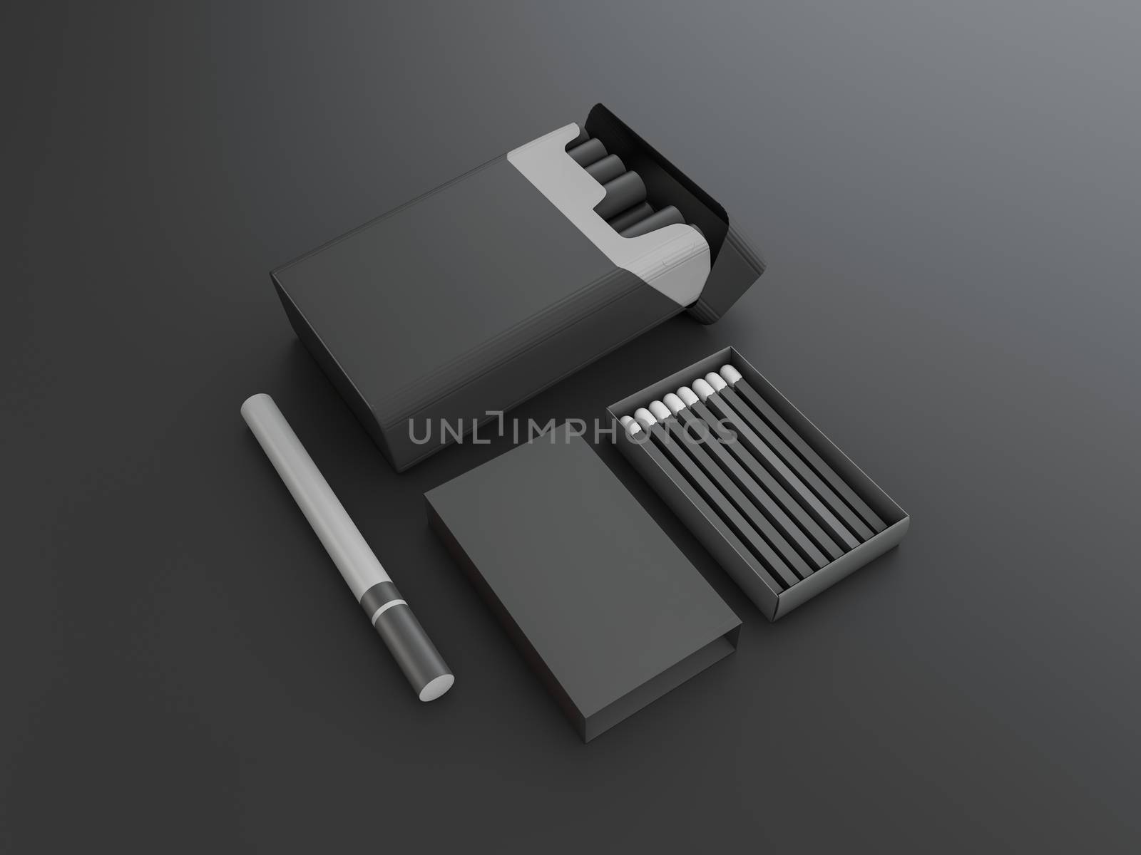 3d Rendering of cigarettes and matches on black background