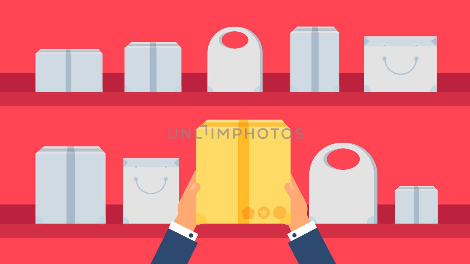 Shop Concept from Shopping Bags, Boxes and Packages with products. Sale Banner. Shelves store with offer for print, flyer, sticker, poster. Vector