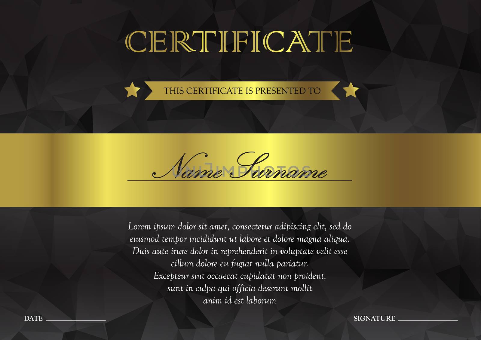 Horizontal black dark and gold certificate and diploma template with vintage, floral, filigree and cute pattern for winner for achievement. Blank of award coupon. Vector