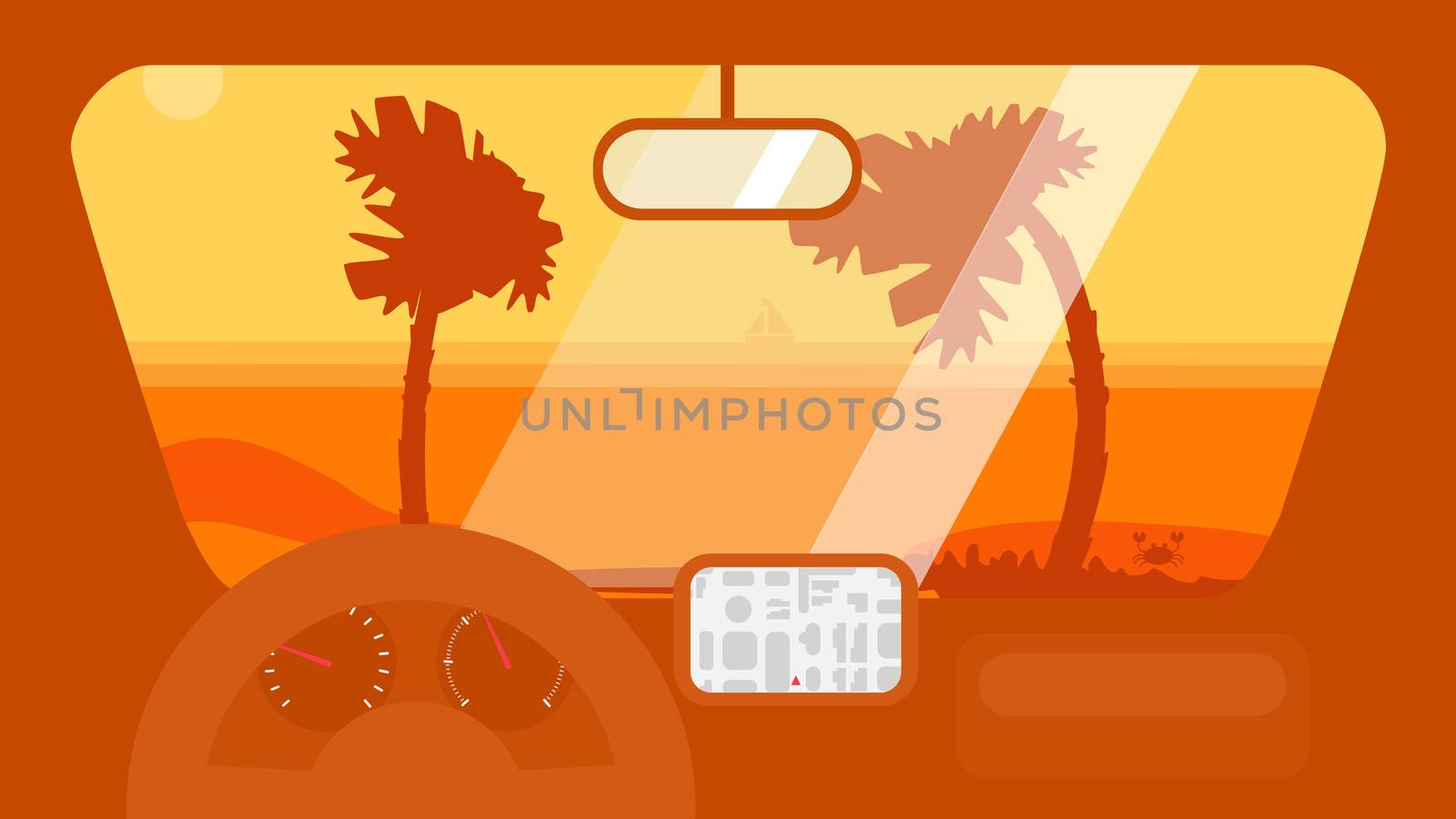 Hello Summer Concept on palm beach from inside car interior with wheel, speedometer, gps navigator. Vacation travel tropical poster with sun exotic island. Vector