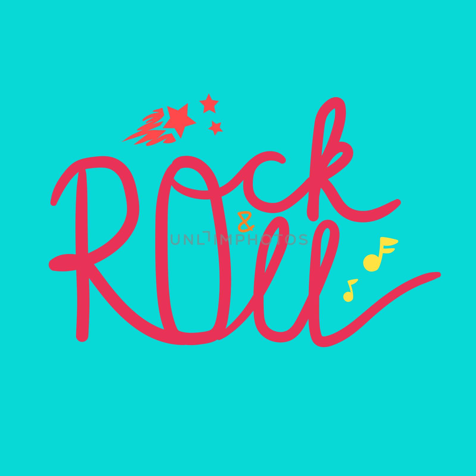 Rock and Roll Lettering for t-shirt, sticker, print, fabric, cloth. Vintage hand drawn music badge. Retro hipster musical sound emblem for card, concert flyer, fest, postcard, label, poster. Vector