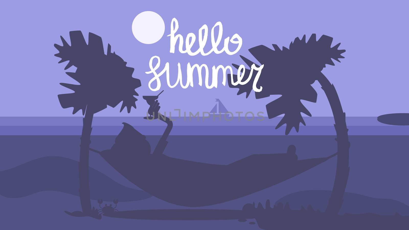 Hello Summer Concept with tourist drinking cocktail in hammock on palm beach. Vacation and travel tropical poster with sun and exotic island. Sunset. Vector