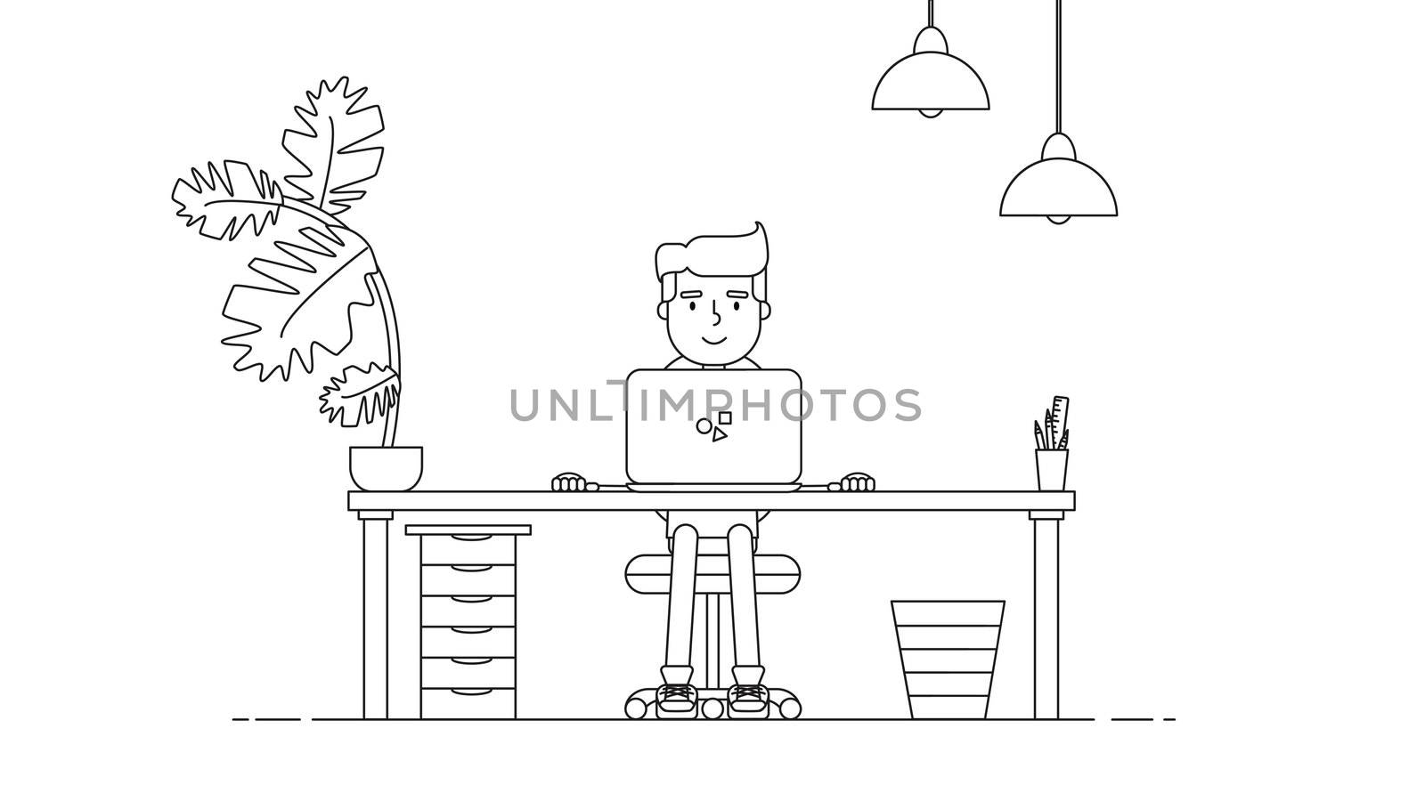 Workspace of Professional Working Developer, Programmer, System Administrator or Designer with desk, chair, notebook Business project or startup concept. Employee office workplace. Vector