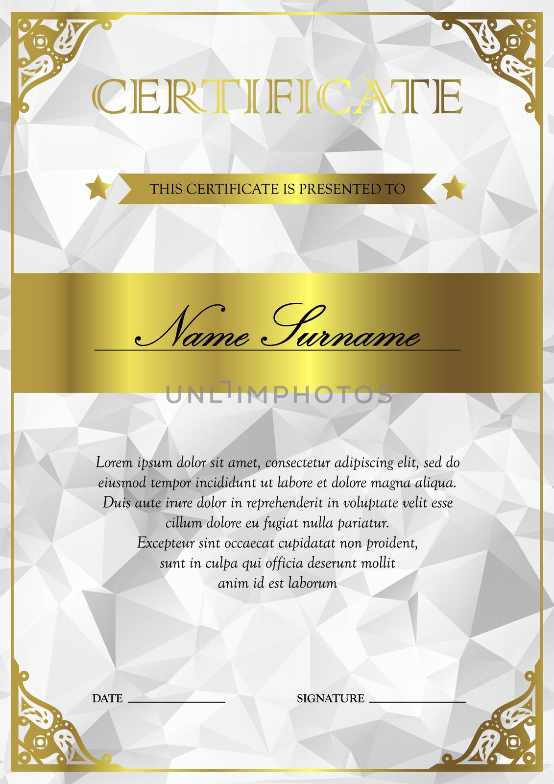 Vertical silver and gold certificate and diploma template with vintage, floral, filigree and cute pattern for winner for achievement. Blank of award coupon. Vector
