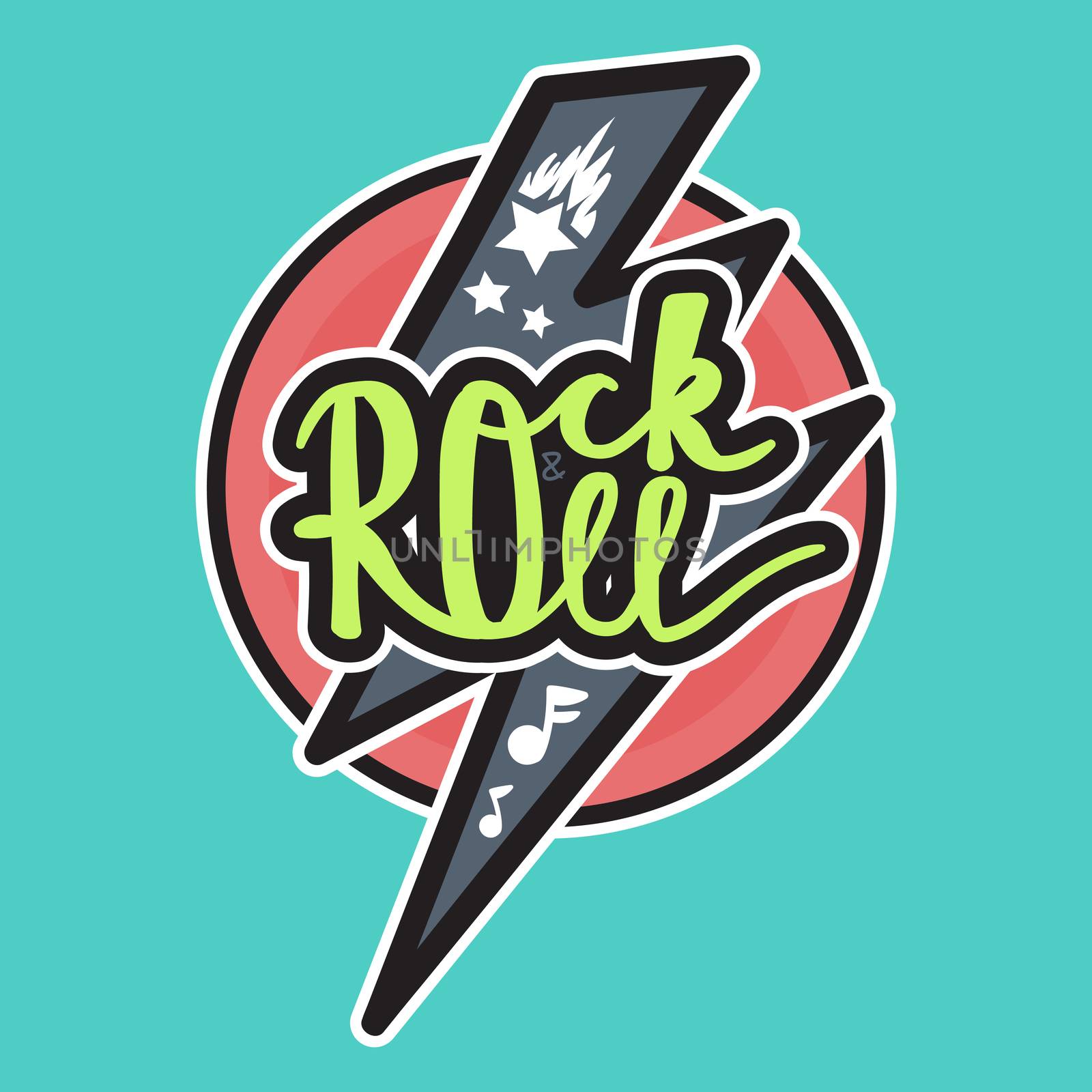 Rock and Roll Lettering for t-shirt, sticker, print, fabric, cloth. Vintage hand drawn music badge. Retro hipster musical sound emblem for card, concert flyer, fest, postcard, label, poster. Vector
