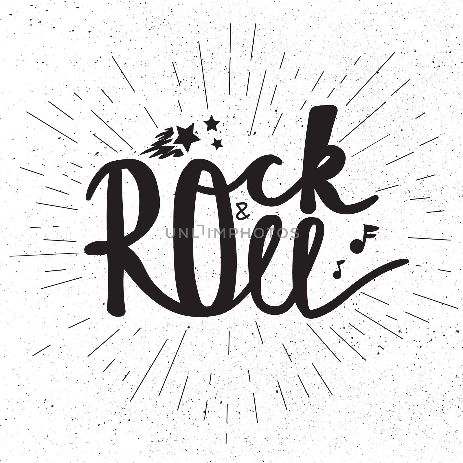 Rock and Roll Lettering for t-shirt, sticker, print, fabric, cloth. Vintage hand drawn monochrome music badge. Retro hipster sound emblem for card, concert flyer, fest, postcard, label, poster. Vector