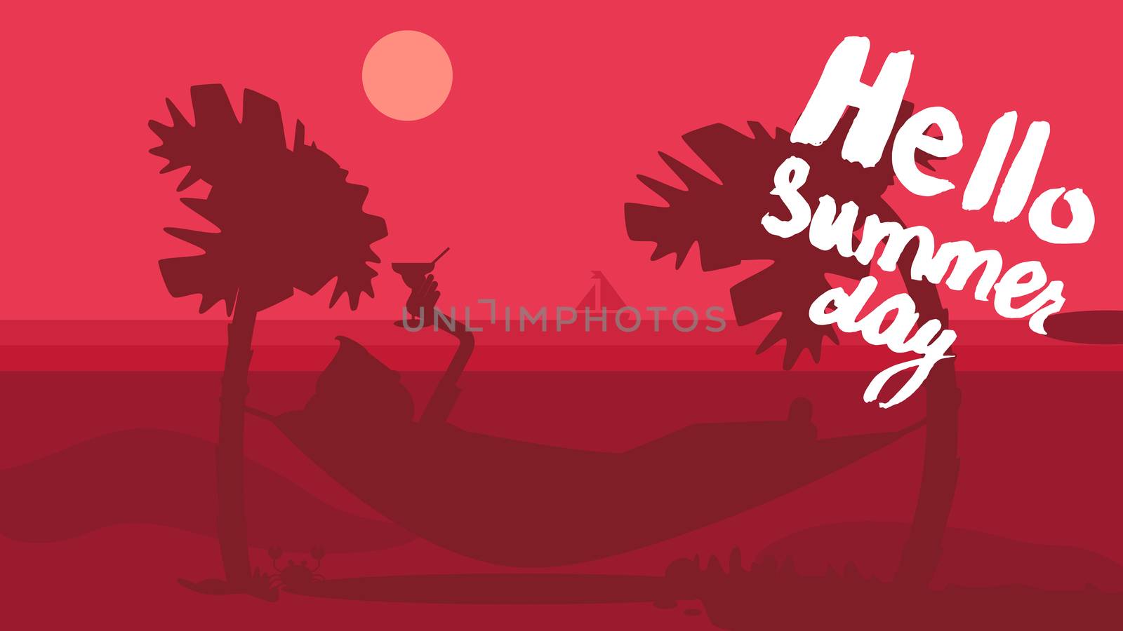 Hello Summer Concept with tourist drinking cocktail in hammock on palm beach. Vacation and travel tropical poster with sun and exotic island. Sunset. Vector