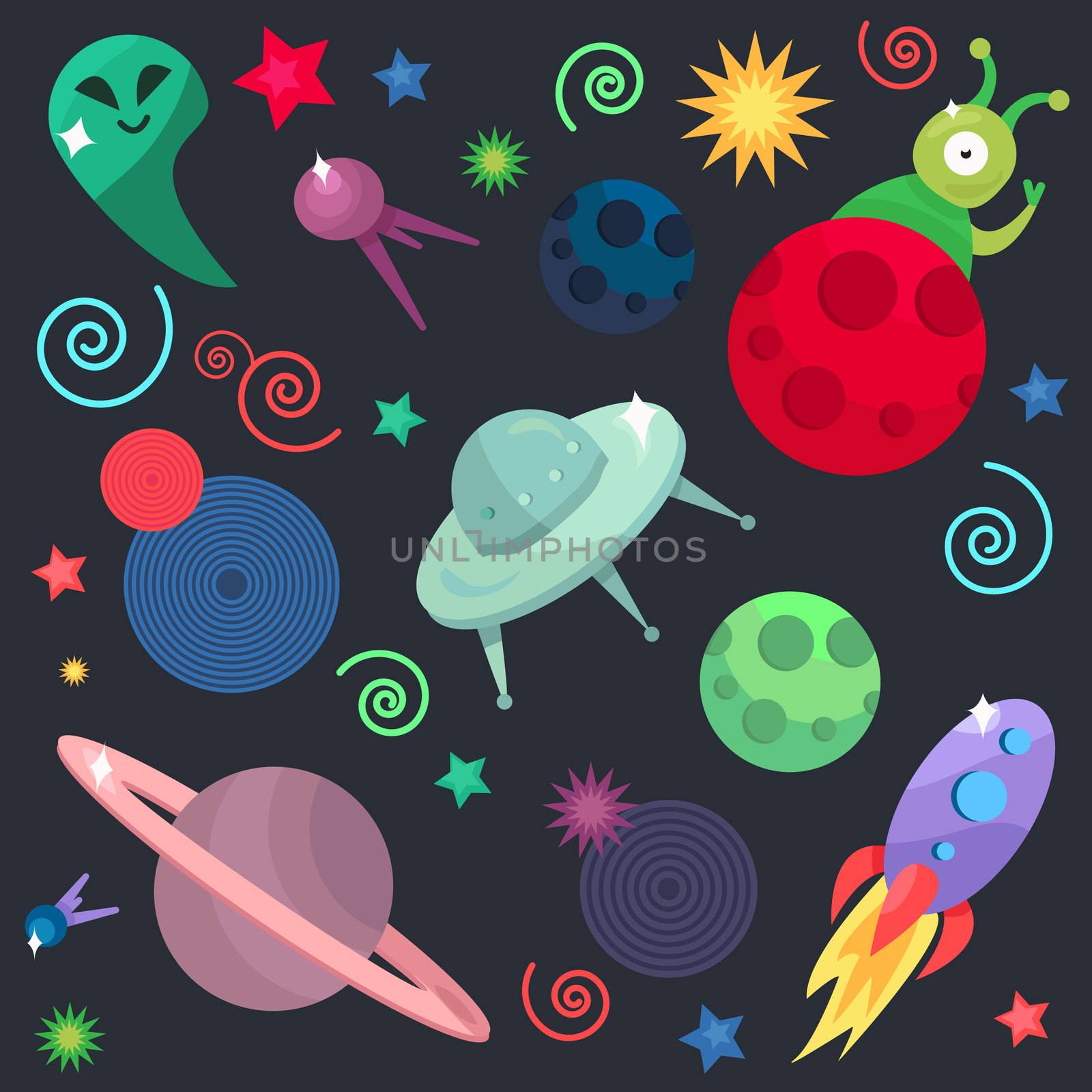 Cosmos and UFO concept in seamless pattern for wrap, print, fabric and game, web and children's items. Spaceship, satellites, planet and alien, extraterrestrial, stars and universe. Vector