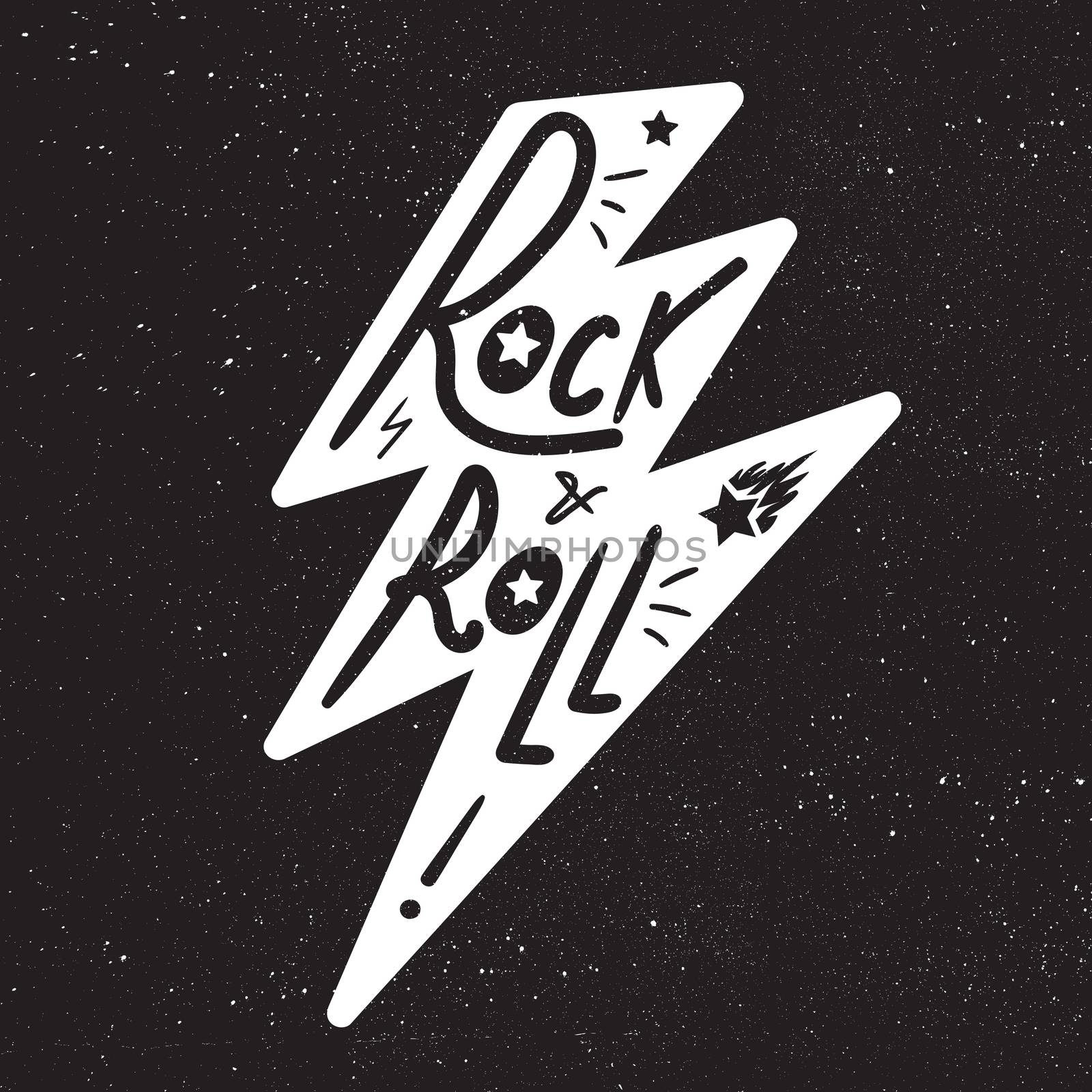 Rock and Roll Lettering for t-shirt, sticker, print, fabric, cloth. Vintage hand drawn monochrome music badge. Retro hipster sound emblem for card, concert flyer, fest, postcard, label, poster. Vector