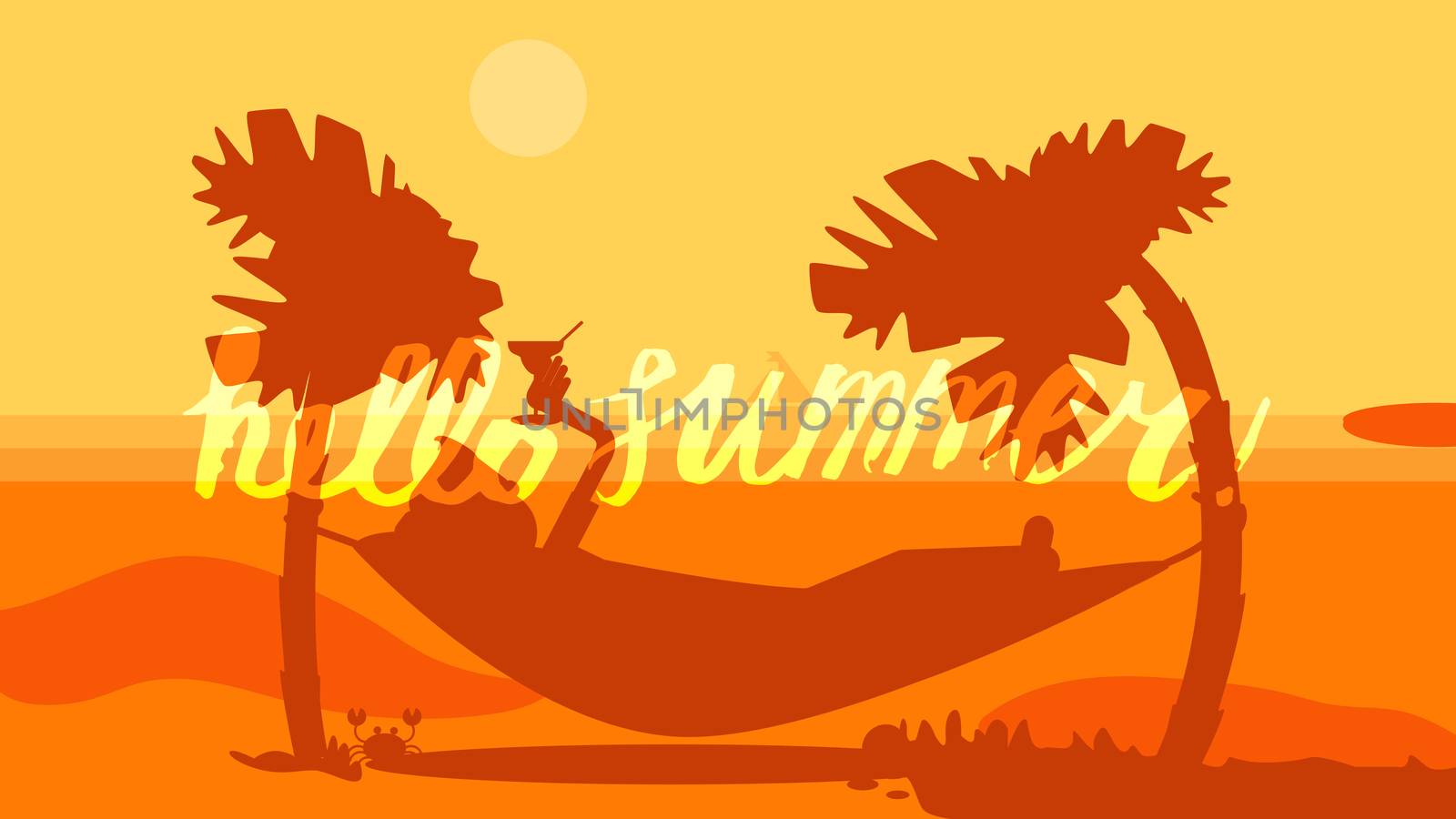 Hello Summer Lettering by brush. Typographic vacation and travel watercolor tropical poster with sunset bright background and palm exotic island. Sunset. Vector