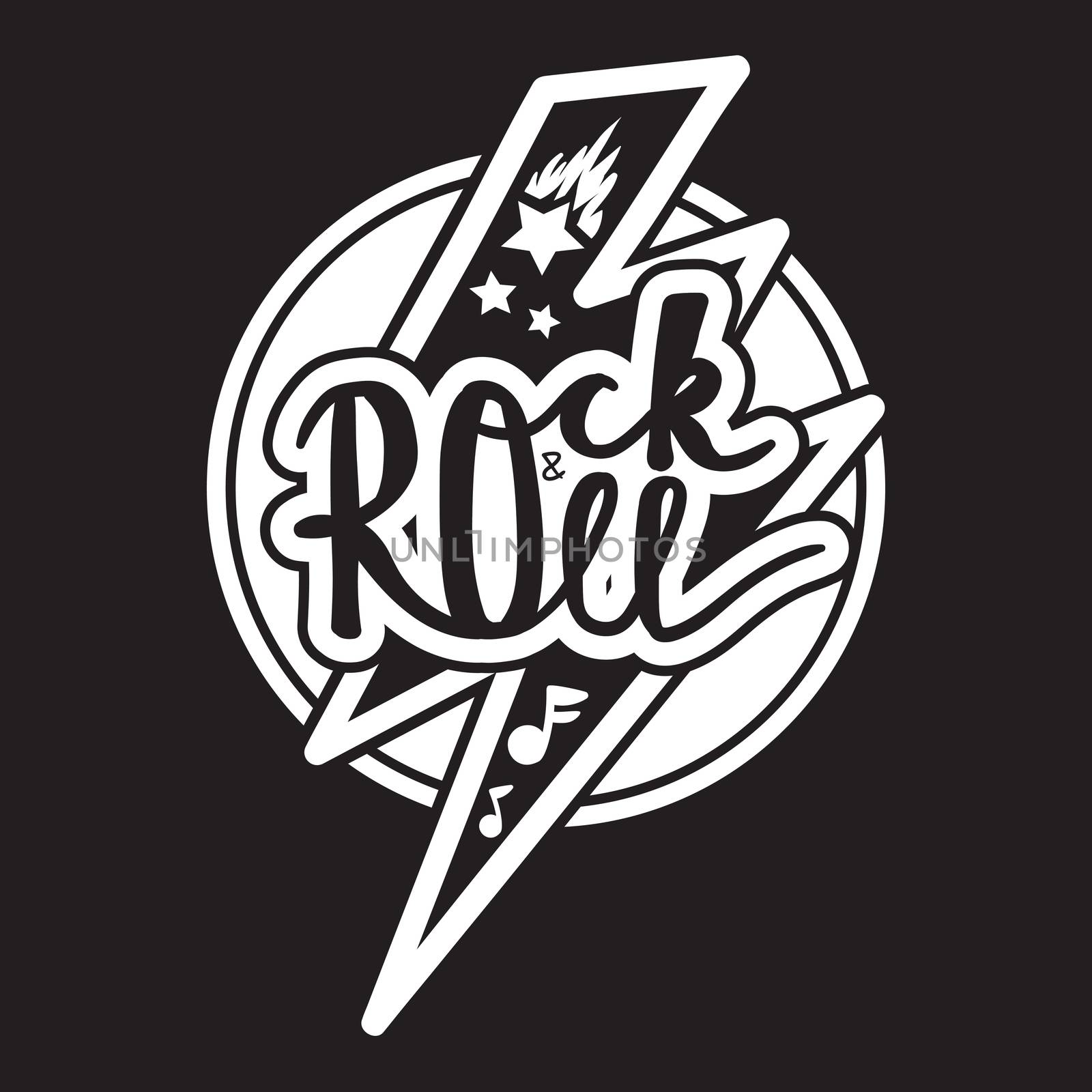 Rock and Roll Lettering for t-shirt, sticker, print, fabric, cloth. Vintage hand drawn monochrome music badge. Retro hipster sound emblem for card, concert flyer, fest, postcard, label, poster. Vector